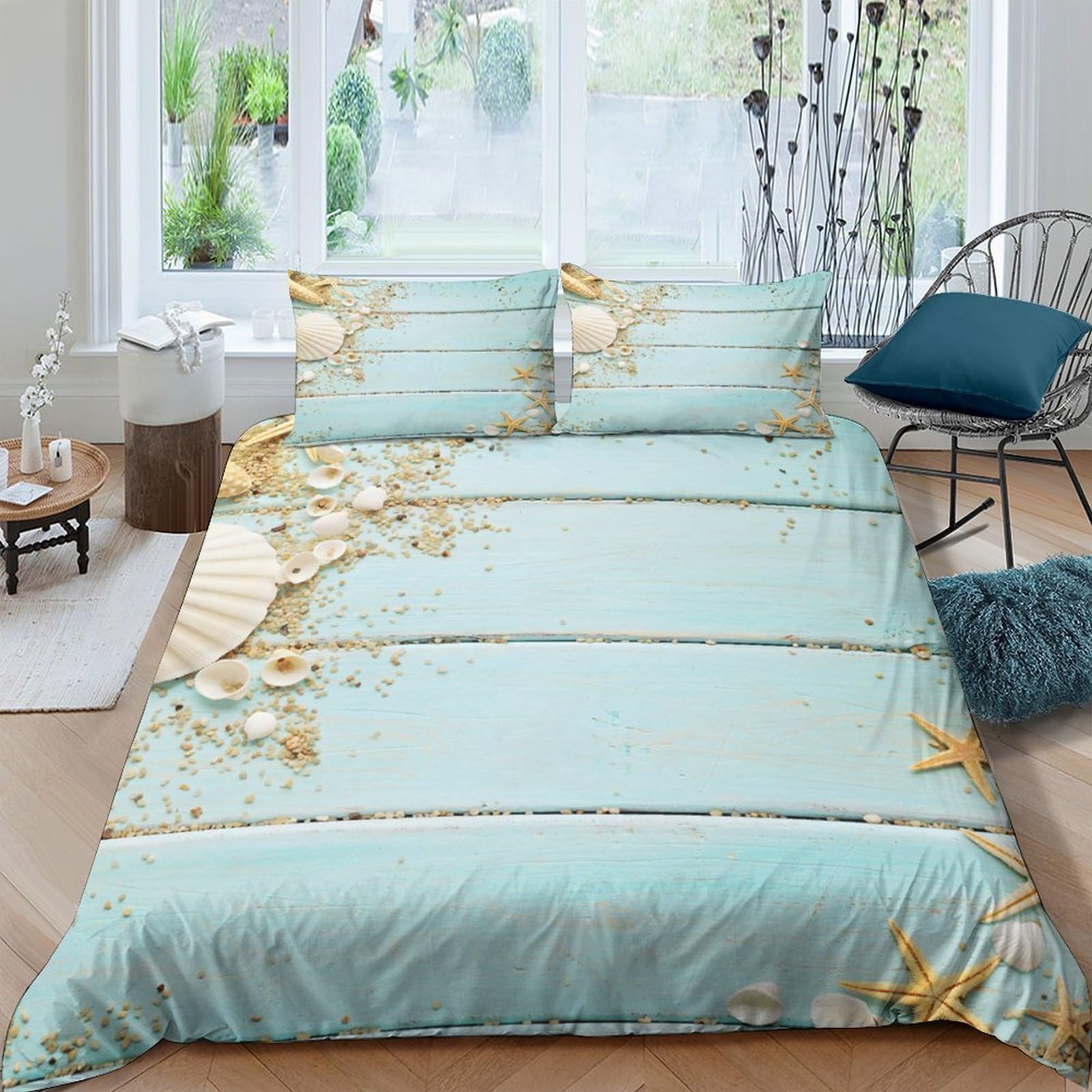 TUFRTGYHN 3D Printed Golden Blossom Duvet Cover Set Microfiber Soft Breathable Blue Floral Quilt Cover with 2 Pillowcases for Bedroom Decor Single（135x200cm）