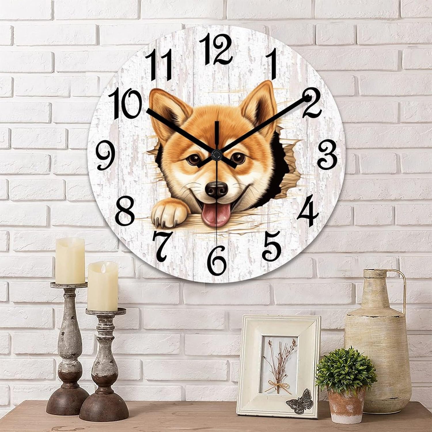 Shiba Inu Wall Clock Puppy Doggy PVC Wall Clock 15inch Rustic Farmhouse Clock Silent Battery Operated Round Wall Decor for Bedroom Master Room
