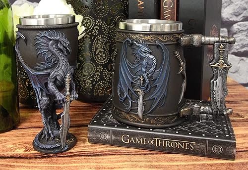 Ebros Gift Ruth Thompson Dragón alado con espada divina, jarro y cáliz de copa de vino con forro de acero inoxidable, mazmorras medievales, dragones