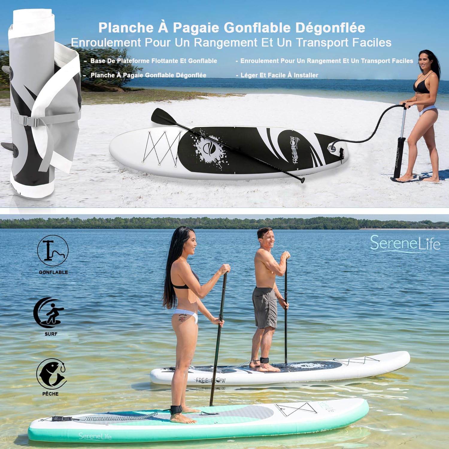 SereneLife Stand Up Paddle Gonflable Adulte 6” – Planche de Paddle avec Accessoires Sup, Sac de Transport, Pont Antidérapant, pour Mer, Lac, Rivière