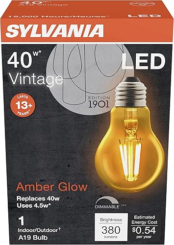 Miniatura 3 de SYLVANIA - Bombilla LED vintage A19, equivalente a 40 W, eficiencia de 4.5 W, 13 años, 380 lúmenes, regulable, brillo ámbar, 1 paquete (75347)