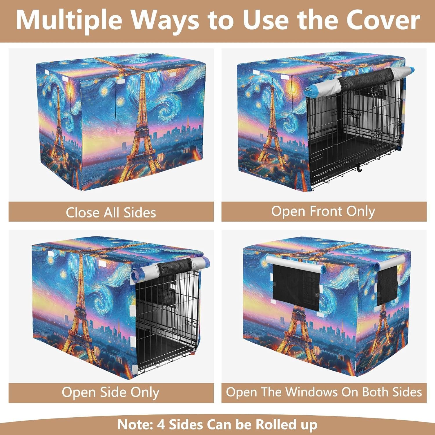 Paris Tower Starry Night Dog Crate Covers Washable, S-XL Windproof Crate Cover for Pet Owners, Large
