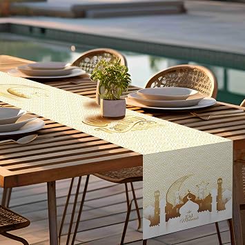 Ramadan Mubarak Table Runner Table Decorations - Frelisiy White and Gold Moon Eid Ramadan Mubarak Happy Ramadan Mubarak 2024 Party Supplies Decorations, Size 13.8x71 inches