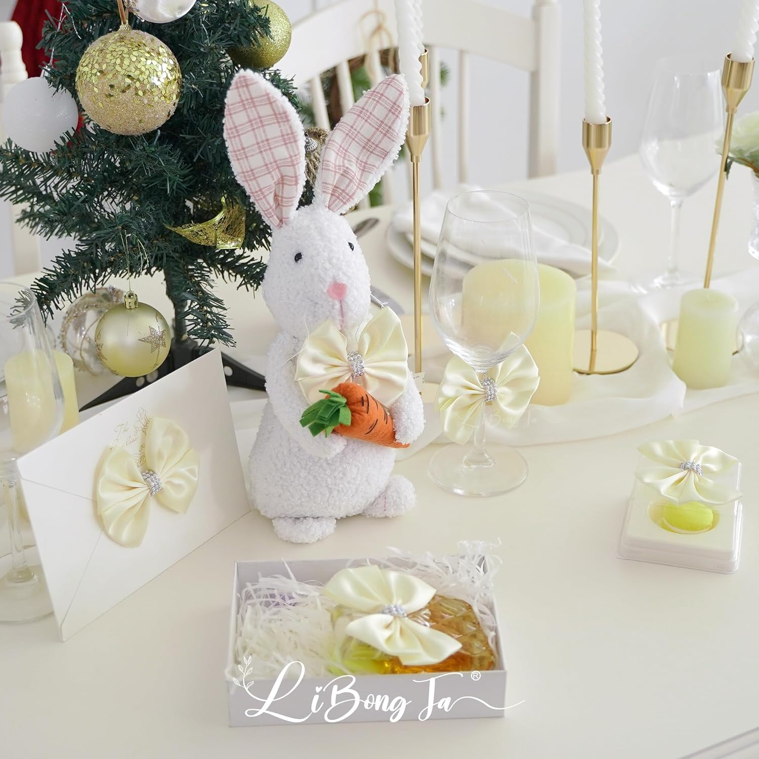 3.5" Ivory Satin Bow Premade Bows, Ivory Ribbon Bows for Presents, Self Adhesive Bows with Rhinestone, Christmas Bows for Gift Wrapping, Treat Bags, Wine Bottle, Party Favors-12 Counts - Image 4