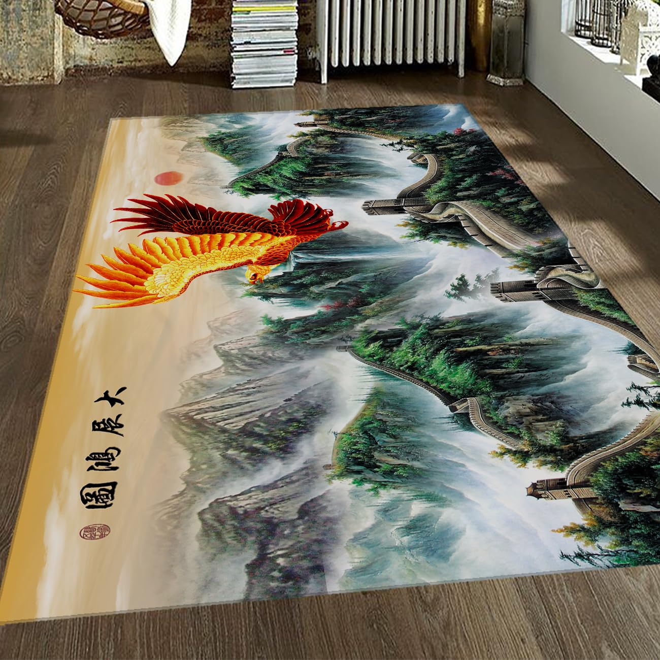 Grand tapis salon 140x200 motif aigle oriental or et surface douce