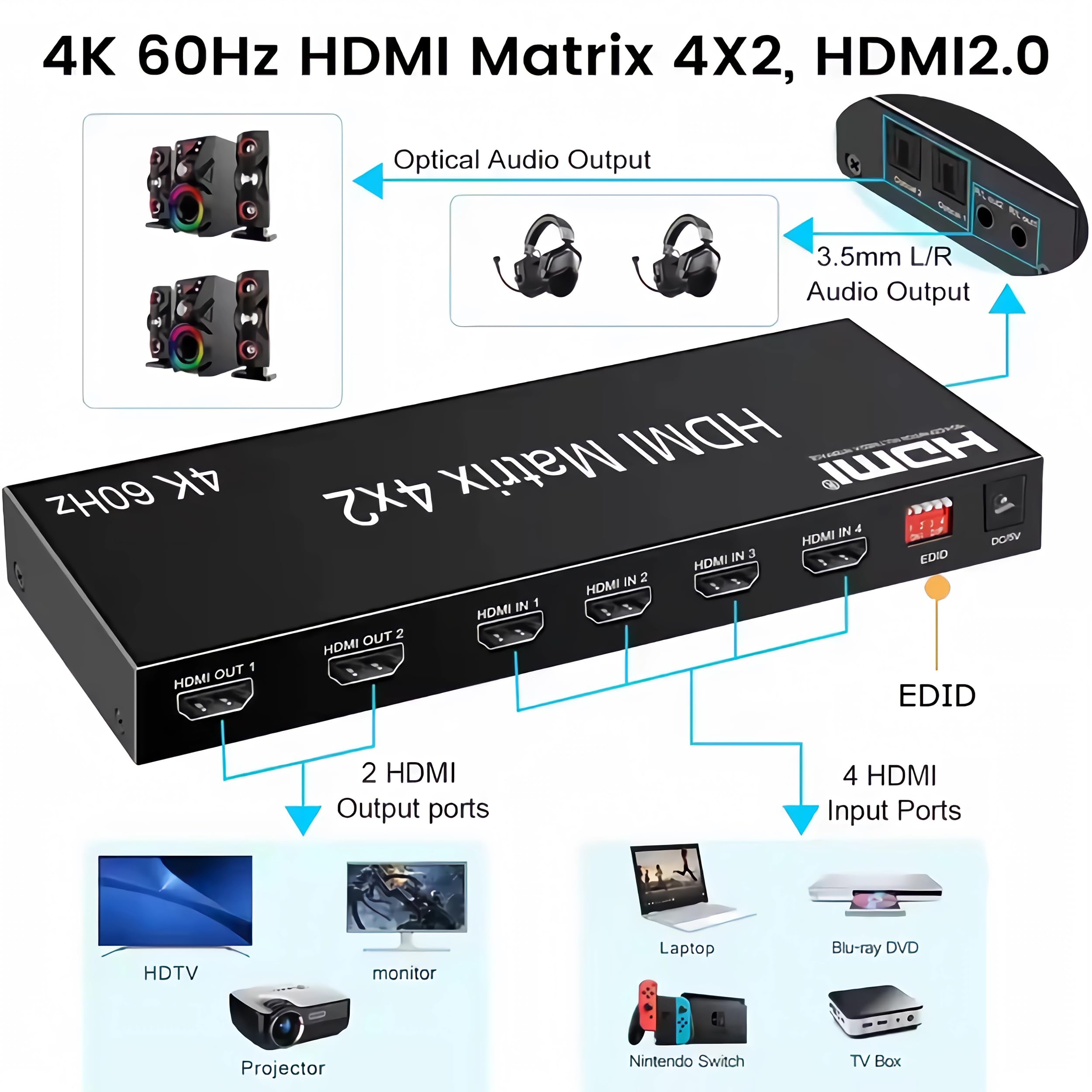 C11D Bolwins HDMI Matrix Switch 4 x 2 4K 60 Hz UHD przełącznik rozdzielacz 4 w 2 Out HDMI 2.0 rozdzielacz audio wideo z pilotem zdalnego sterowania do telewizora, projektora, kina domowego