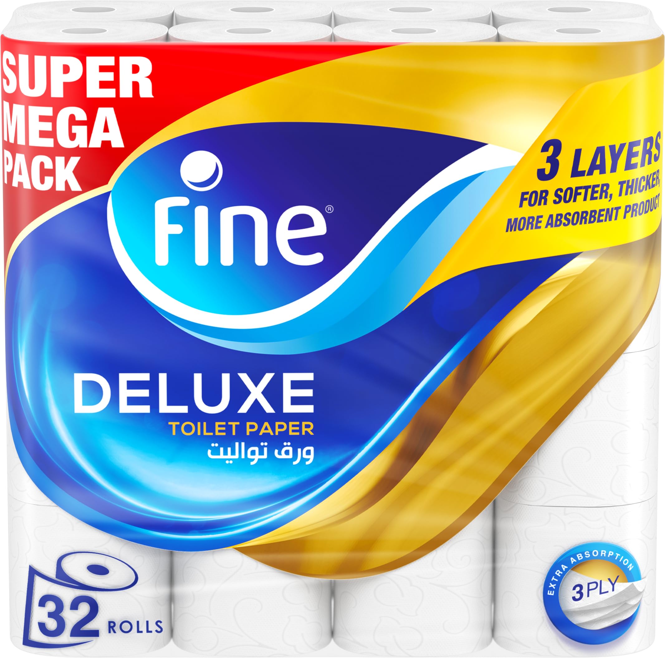 Fine Deluxe Toilet Paper 3 Ply, 32 Rolls x 140 Sheets, Highly Absorbent Tissue Roll