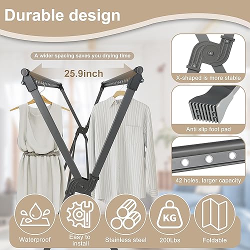 Miniatura 5 de Estante de secado de ropa de 50.3 a 91.3 pulgadas, estante de secado de ropa de aleación de aluminio, estante de lavandería plegable de longitud