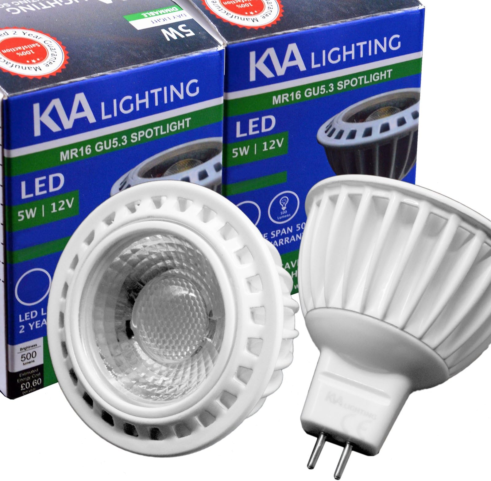 KVA LIGHTING COB LED Light Bulb MR16 GU5.3, 5W 12V DC Only, Extra Bright 500 lumens, 5W to 50W, Dimmable, 6000K Pure White Day Light - Pack of 2 [Energy Class A+]