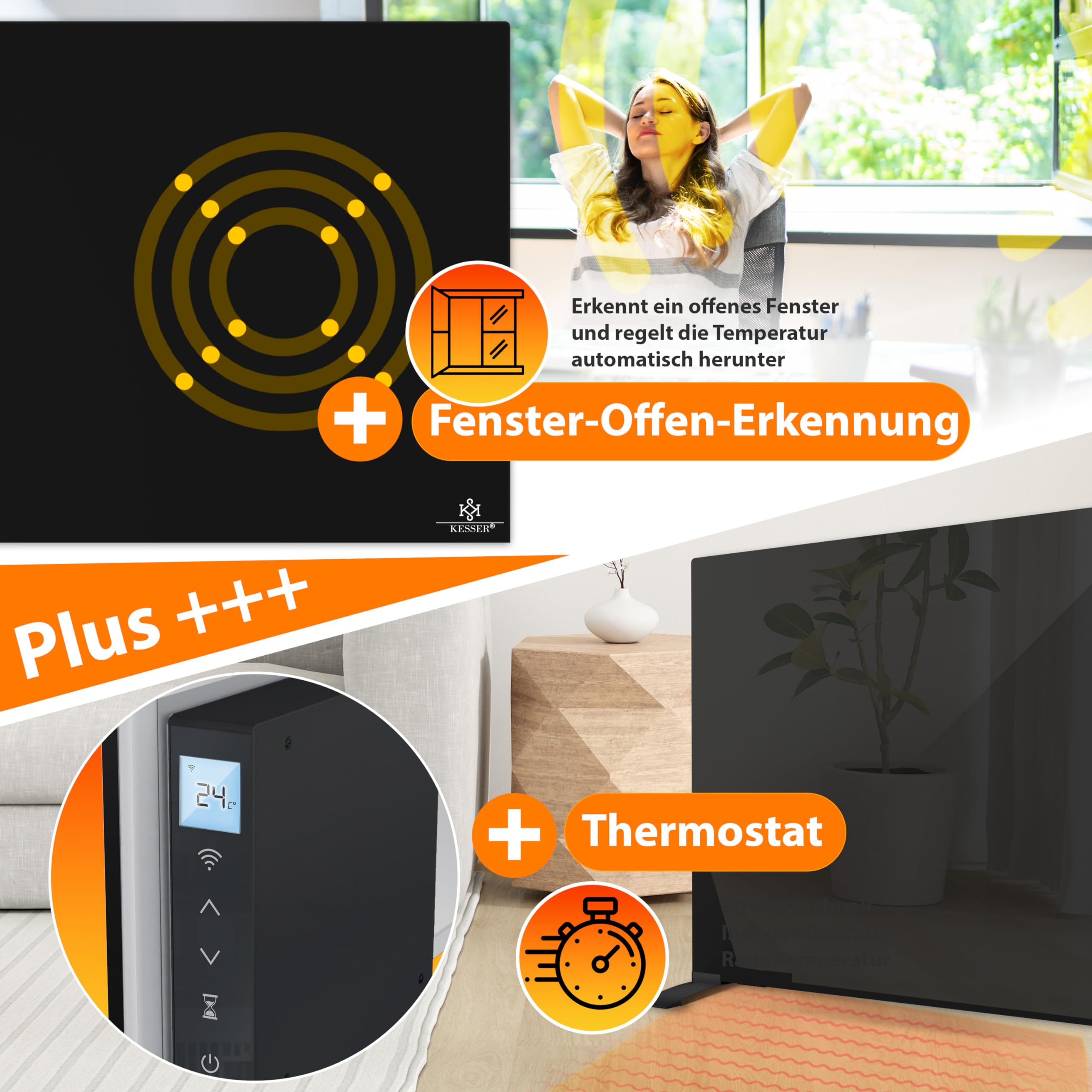 KESSER® Riscaldamento a Infrarossi 500W, Convettore in Vetro, 2 in 1 e Montaggio a Parete, Riscaldamento elettrico con rilevazione, Finestra Aperta + Telecomando e Controllo App, Nero