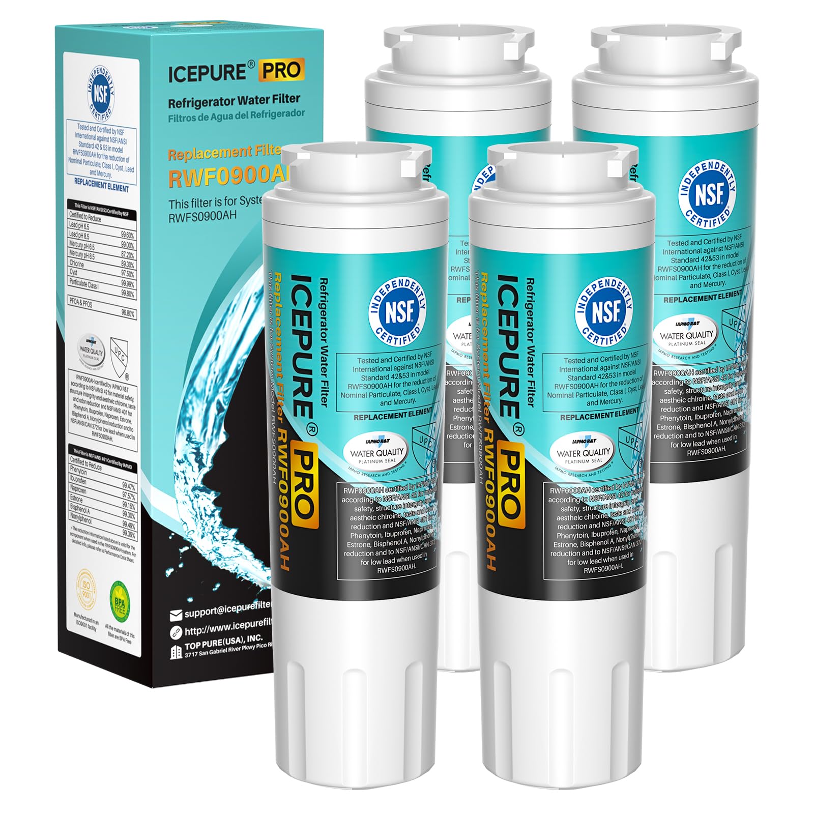 ICEPURE PRO UKF8001 NSF401&amp;53&amp;42 Certified Replacement Everydrop EDR4RXD1, Filter 4, Maytag UKF8001AXX UKF8001P, Whirlpool 4396395 WF-UKF8001 FMM-2 MPF15090 SGF-M9 Refrigerator Water Filter 4PACK