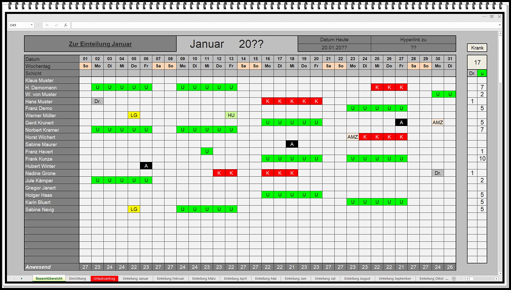 Belegungsplan für Maschinen oder Personal Dienstplan Schichtplan Einsatzplan erstellen in Excel