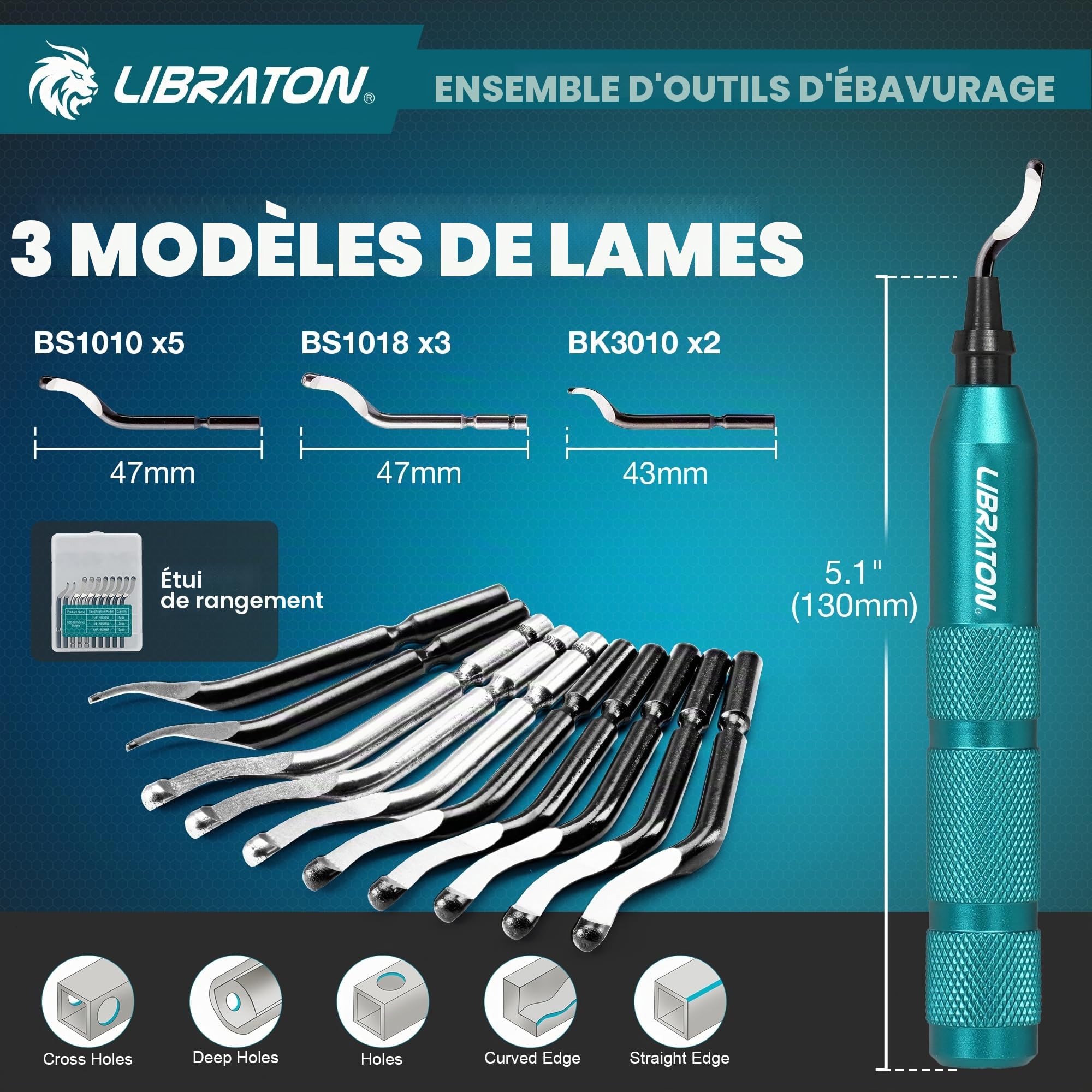 LIBRATON Ebavureur, Outil D'ébavurage Manuel, Alésoir Manuel Rotatif à 360° | avec 10 Lames HSS, pour Métal, Résine, PVC, Plastique, Cuivre, Imprimante 3d, Bois – Outil d'ébavurage et Finition Bord