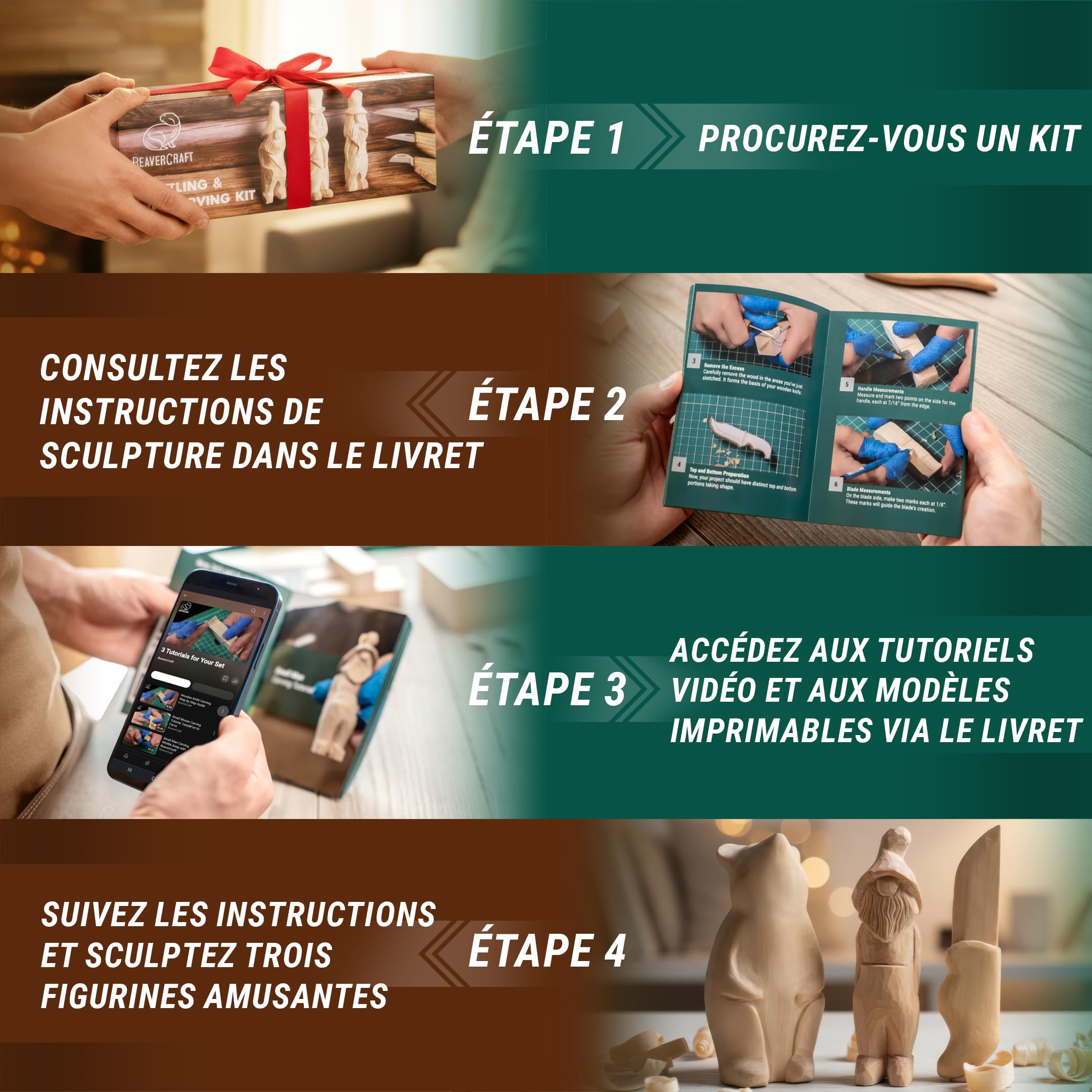 BeaverCraft Kit de Couteaux pour Travail du Bois S15 – Kit de Taillage pour Débutants et Enfants, Outils avec Couteaux Sloyd et de Détail, Strop en Cuir, Pâte à Polir et Tutoriels