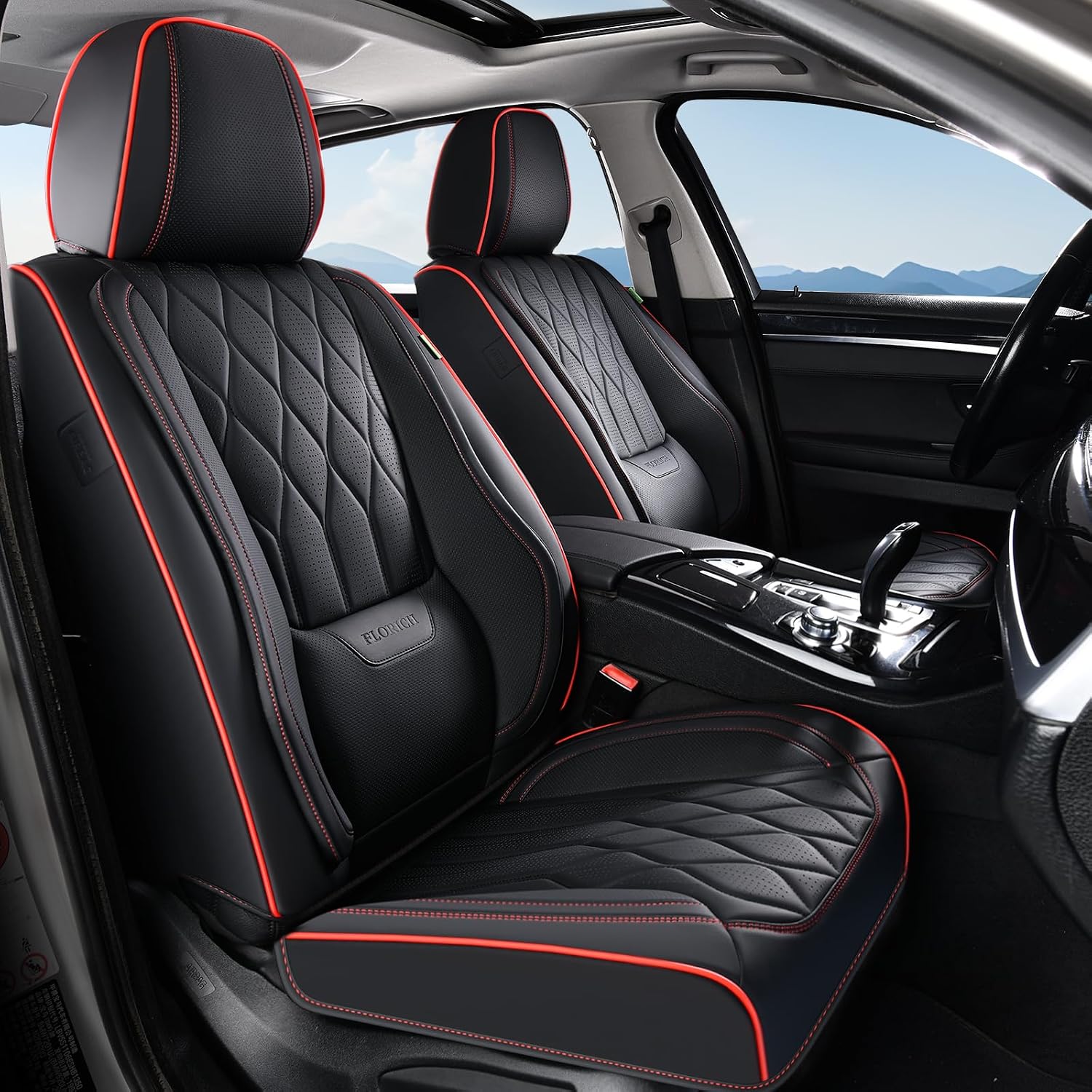 FLORICH Car Seat Covers Front Pair Luxury Faux Leather Car Seat Cover Automotive Seat Covers 2 Pack Waterproof Car Seat Cushion Protector Universal Fit for Most Cars Sedans Trucks SUV, Black&Red Line