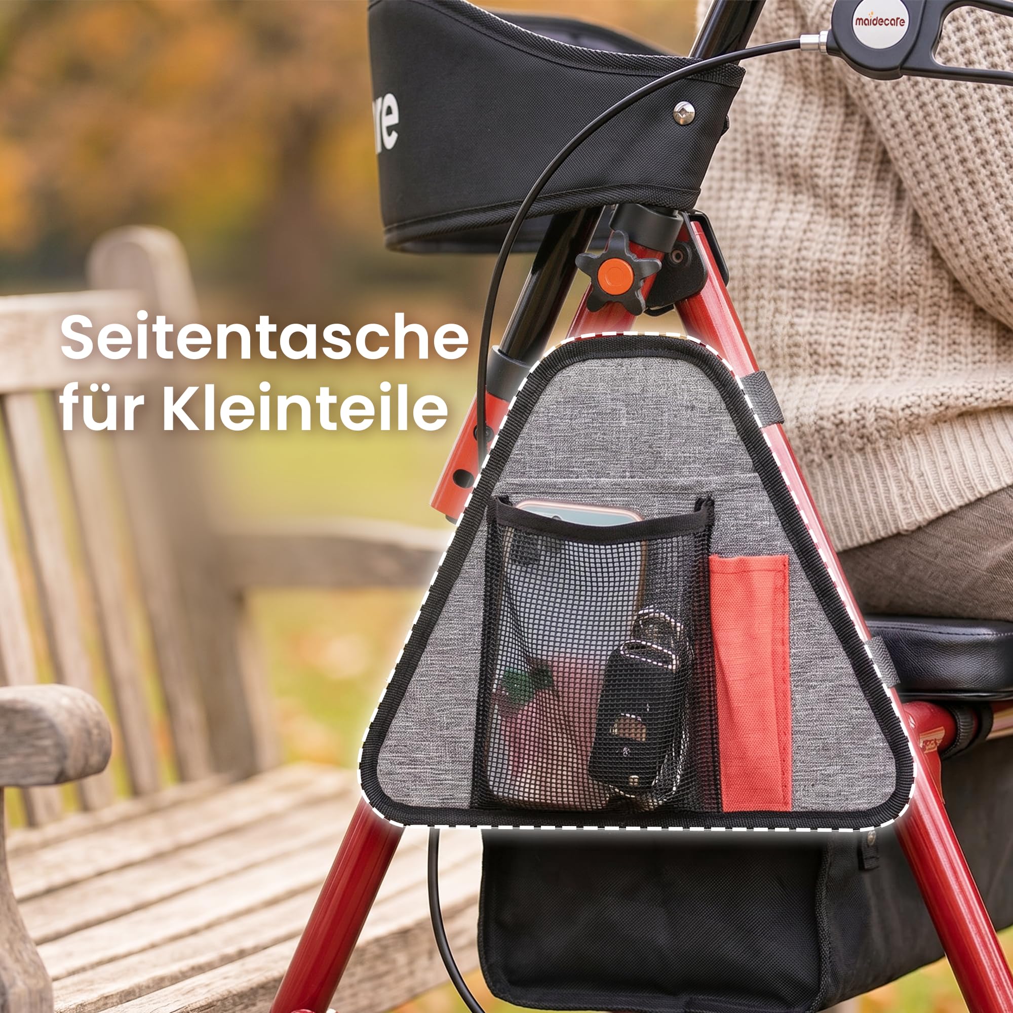 Rollator Faltbar und Leicht mit Sitz, Rollator Schmal für Wohnung, Rollatoren für Senioren mit Höhenverstellbar Sitz und Griff, Indoor Walker, mit Bremse, Korb, Rot