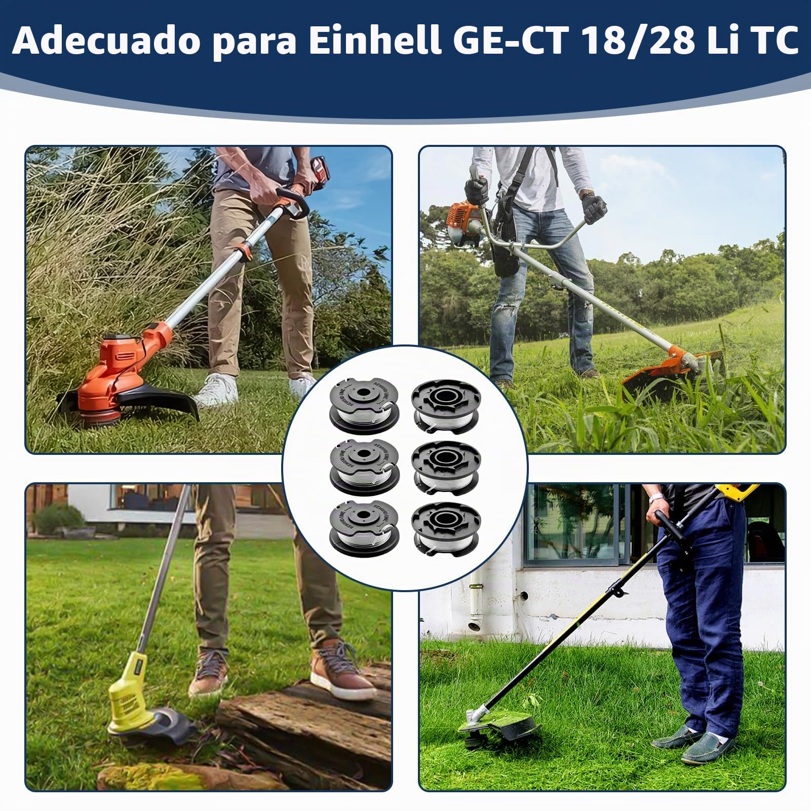 6 Piezas Bobina de Hilo para Einhell, Bobina de Repuesto para Einhell TLE-03 Cortacésped, Compatibles con GE-CT 18/28 Li, GE-CT 18/28 Li TC, Cable Nylon 1,6 mm, 4,9 m Longitud, Alimentación Automática