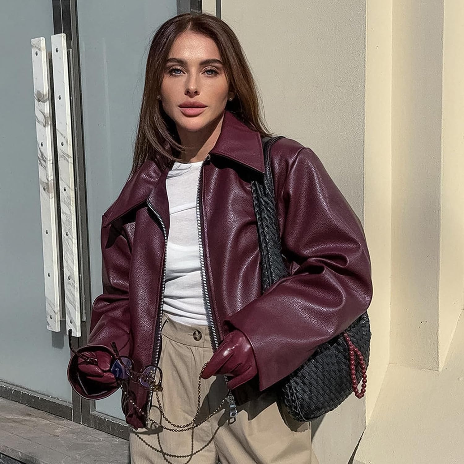 Sedrinuo Womens Oversized Faux Leather Jacket Long Sleeve Zipper Burgundy Trendy Motorcycle Jacket Outerwear