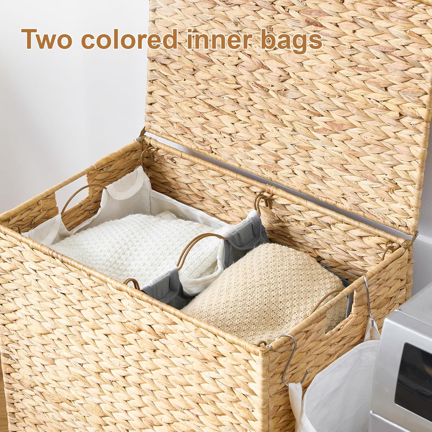 Laundry Hamper with Wheels, 40.92 Gallon(155L) Water Hyacinth Laundry Basket with Lid, 2-Section Wicker Clothes Hamper with 2 Removable Liners, Laundry Sorter with Side Pocket, Natural