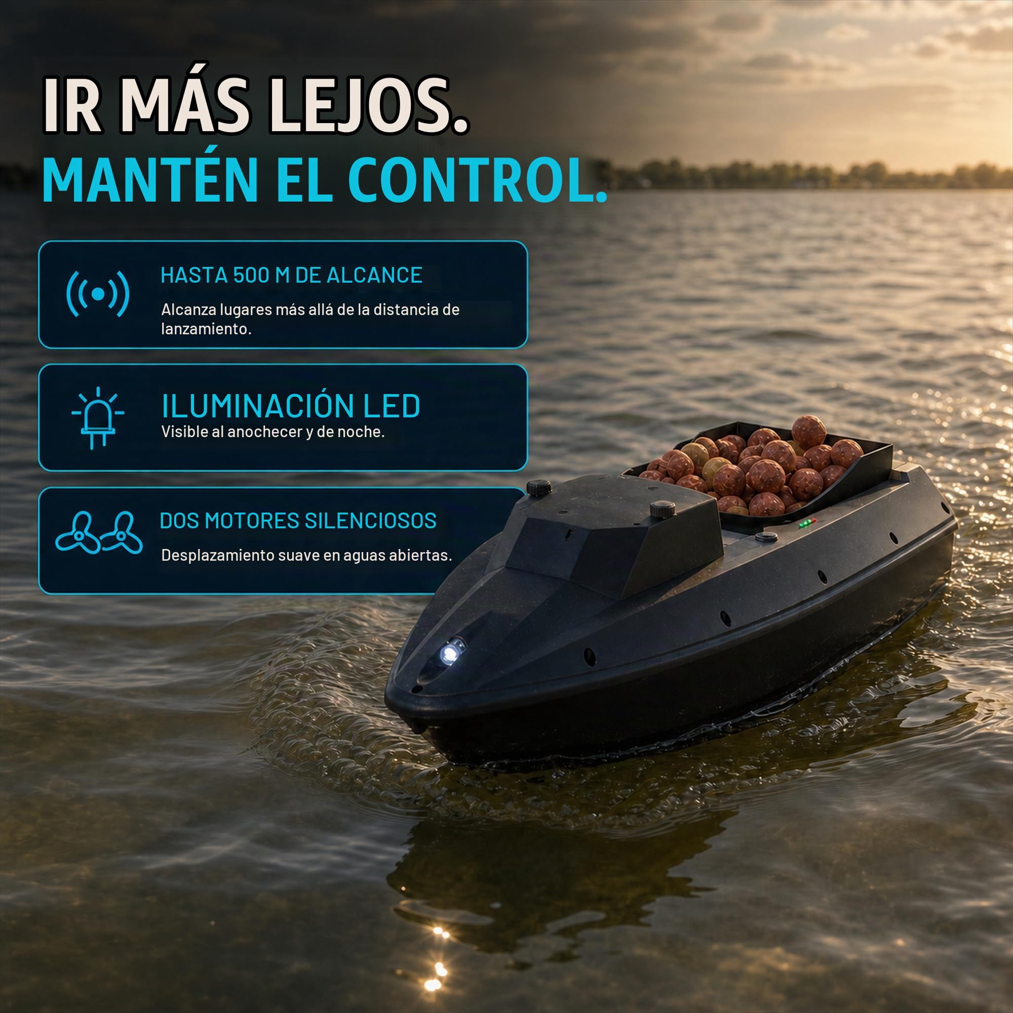 Barco cebador la Pesca de Carpas – Nuevo Modelo con Control de Crucero, 1,5 kg Capacidad de Carga, 500 m de Rango, 3 Horas de navegación, Luces LED – Barco Baitboat Carpa con Control Remoto