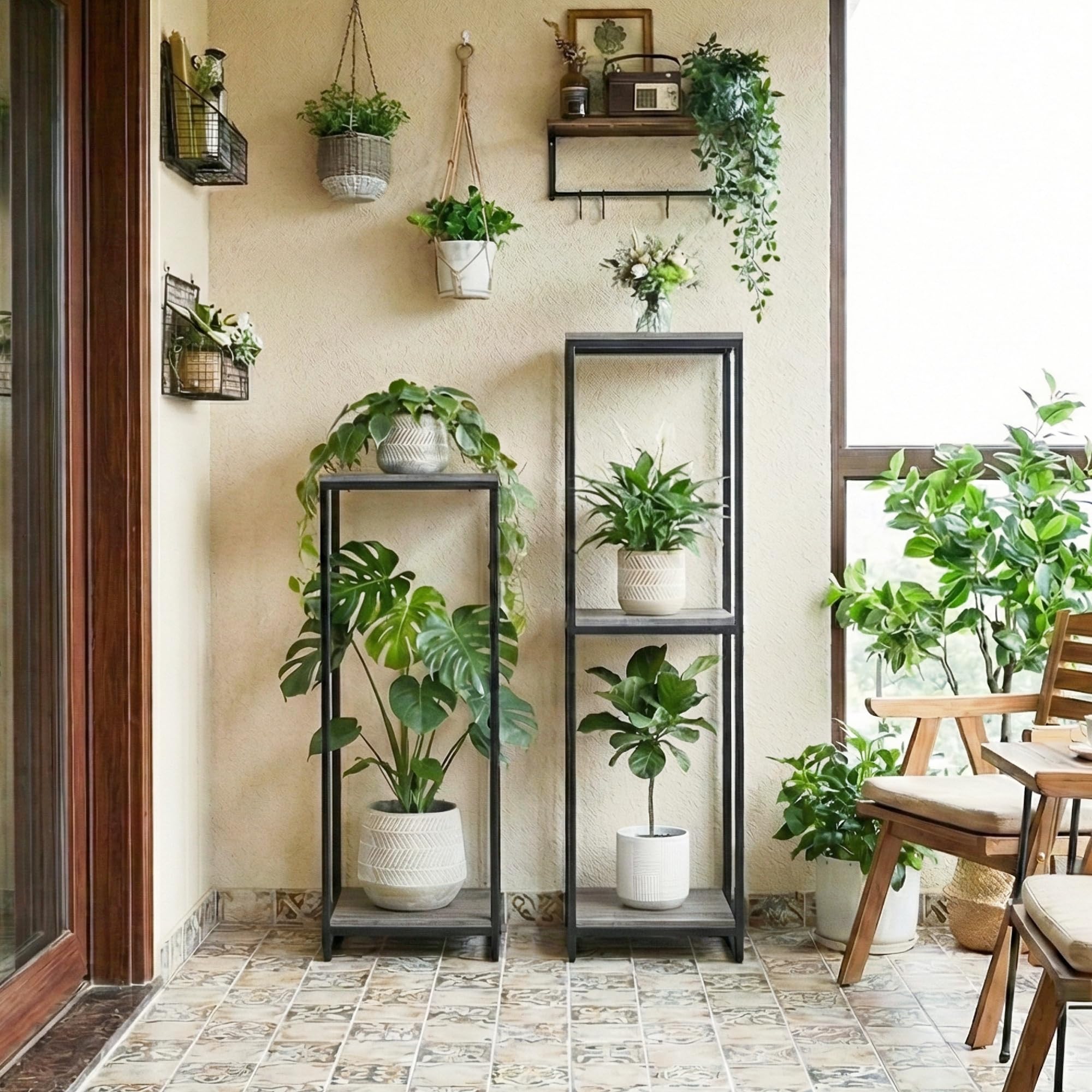 Supporto per piante da interno, alto 86,4 cm, scaffale moderno a 2 ripiani, supporto per vasi da fiori ad angolo, organizer per soggiorno, balcone, patio, giardino (grigio quercia)