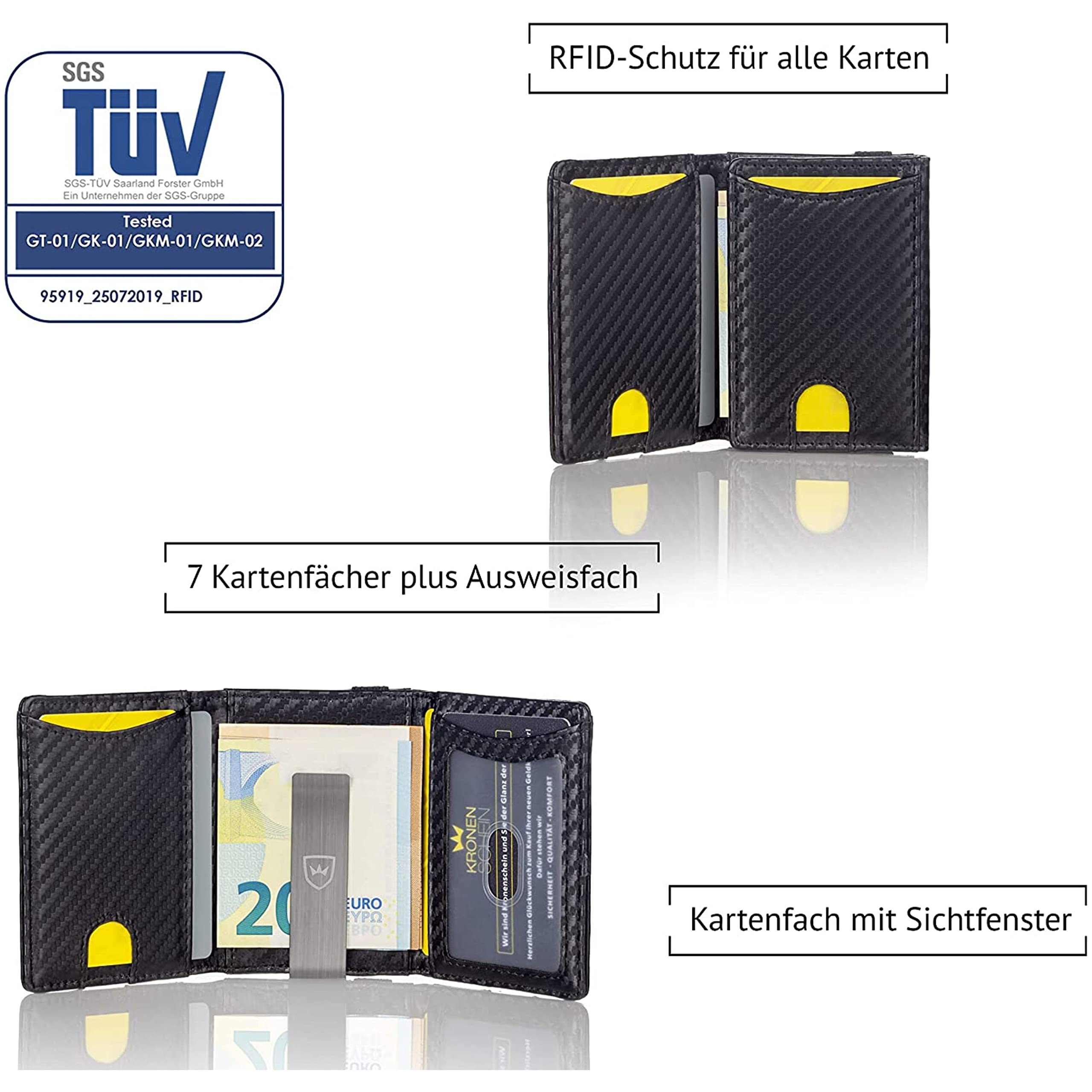 Kronenschein® Męski portfel z klipsem do banknotów, smukły, ochrona RFID, kieszeń na bilon, miejsce na karty kredytowe