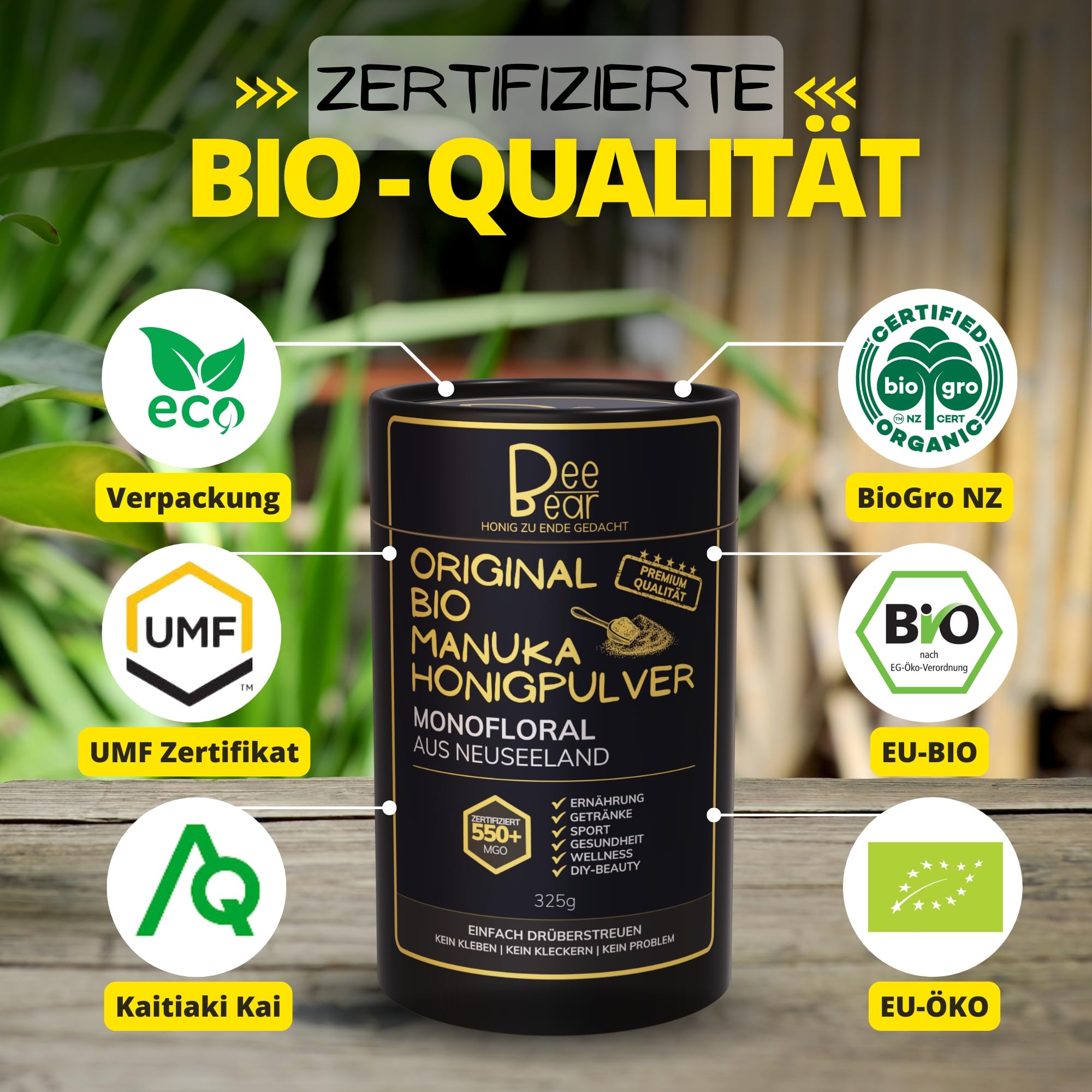 BeeBear Manuka Honigpulver MGO 550 | Bio Nahrungsergänzungsmittel + Superfood Pulver Bio zB für Smoothie & gesundes Frühstück | Porridge Topping Quark & Joghurt | Immunsystem stärken & Energy Pulver