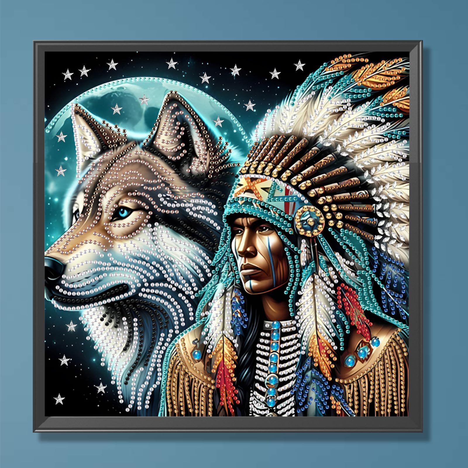 Moonlit Native and Wolf Special Shaped 5D DIY Partial Drill Diamonds Dots Gem Art Kits 11.81 X11.81inch Diamond Dots Paintings Diamonds Paintings Gem Art for Adults Beginners Home Decor