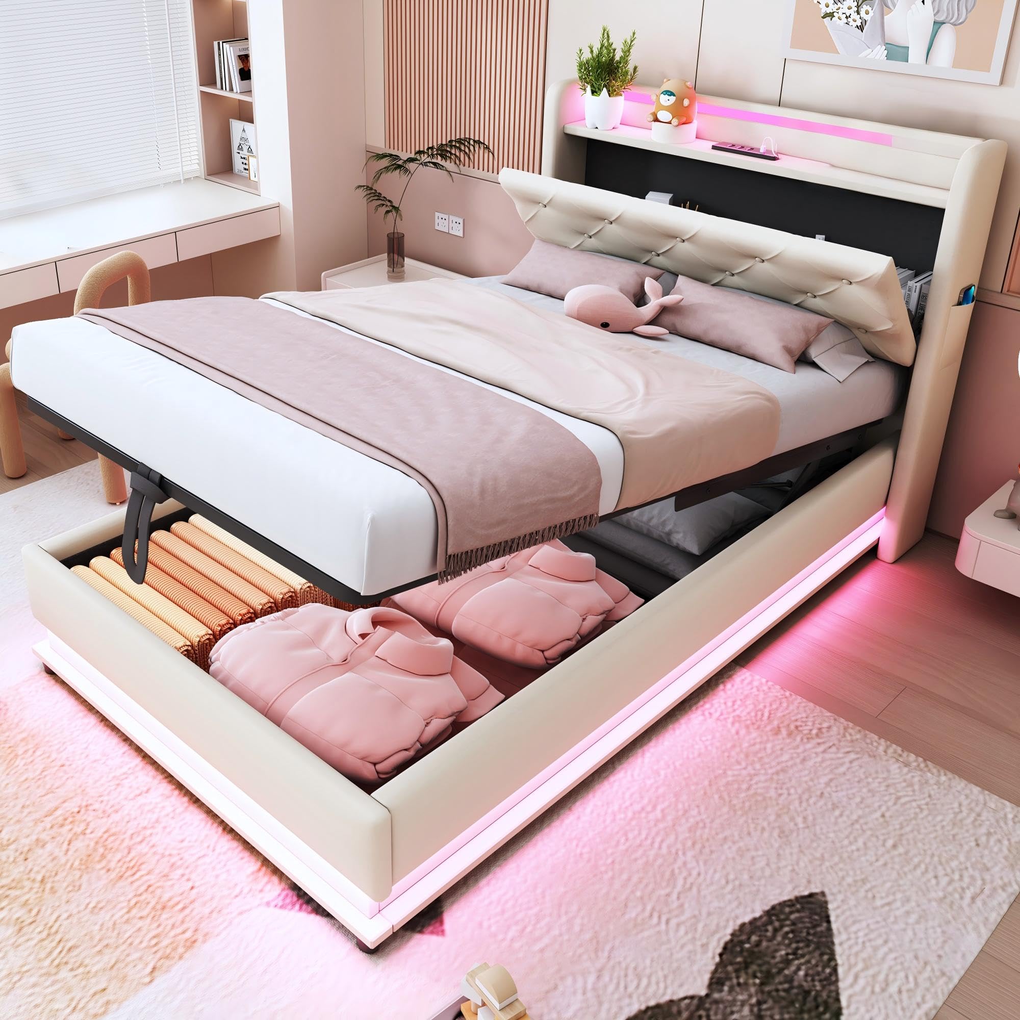 Cama Tapizada Cama Infantil 90x200 cm con Luz LED y USB, Camas Juveniles Individual con Cabecero Reversible y Almacenamiento Hidráulico, Estructura Camas Individuales, Lino, Sin Colchón, Beige