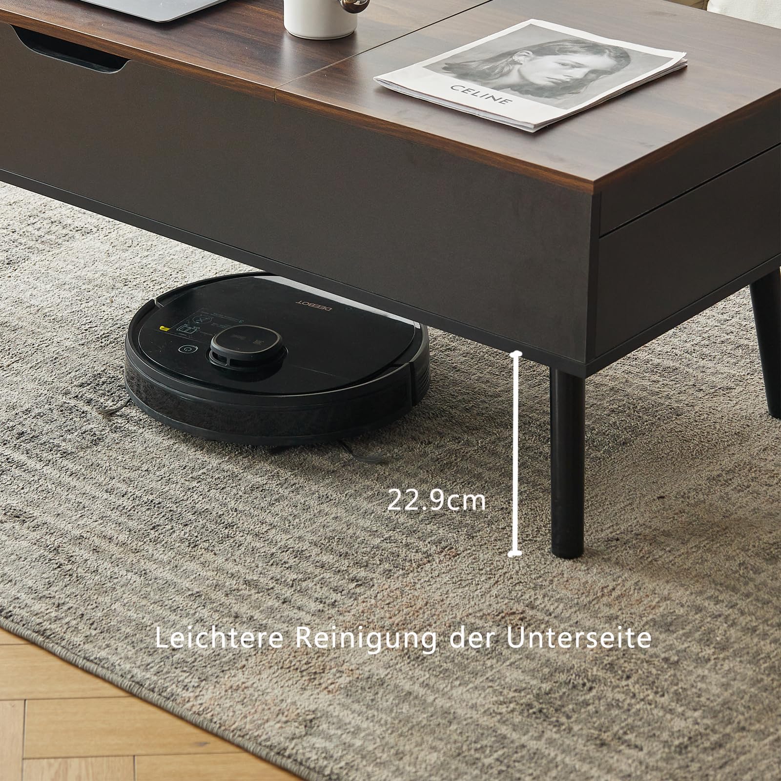 Couchtisch Höhenverstellbar mit Schiebeplatte, Couchtisch mit Stauraum, Modern Wohnzimmertisch mit 2 Großen Versteckten Ablagefächern, 100 x 50 x 43.5 cm (Braun)