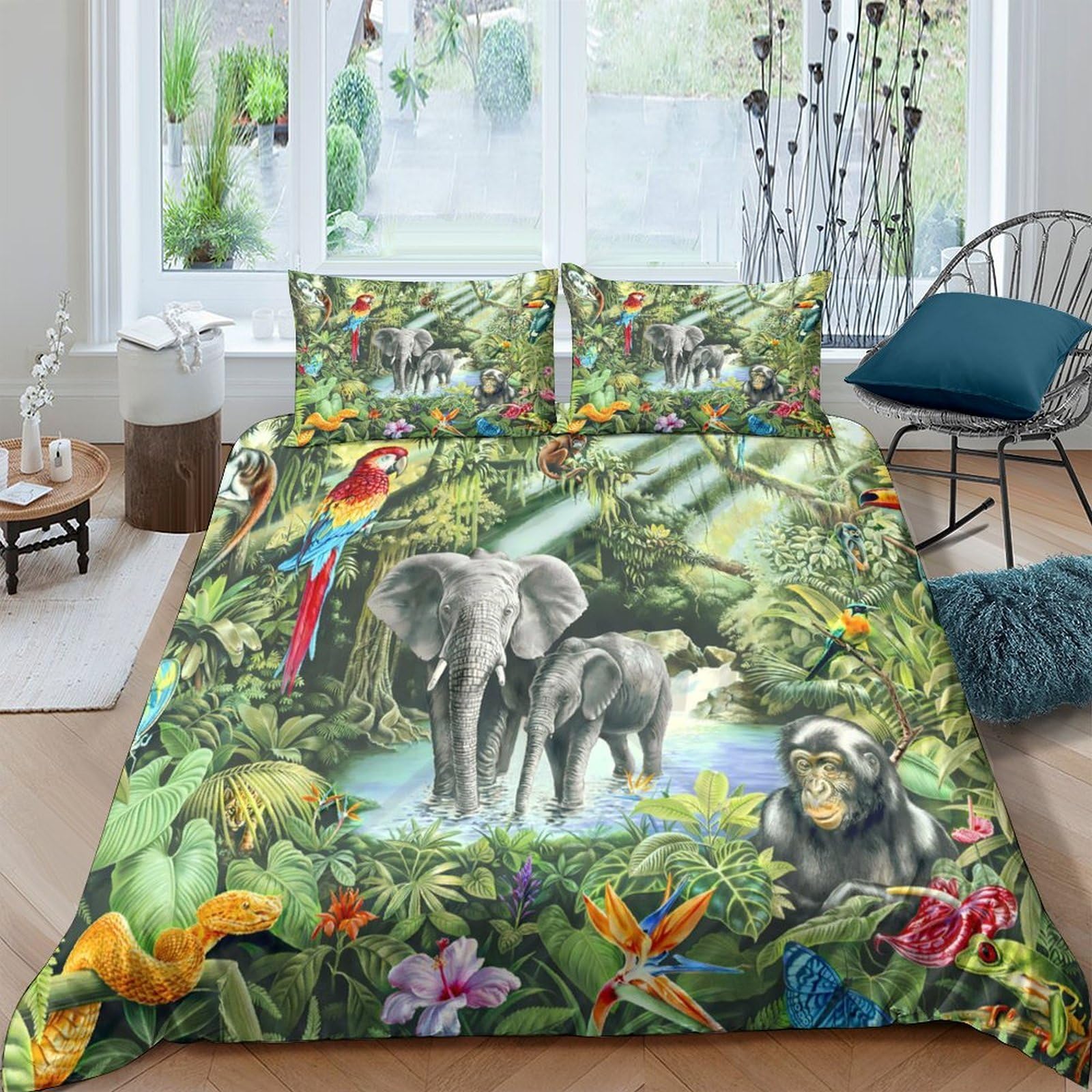 XFKLYNVCJ 3D Printed Jungle animals Comforter Cover Microfiber Colorful wildlife illust Quilt Cover No Iron Hypoallergenic Family Home Bedroom Bedding Use Single（140x200cm）