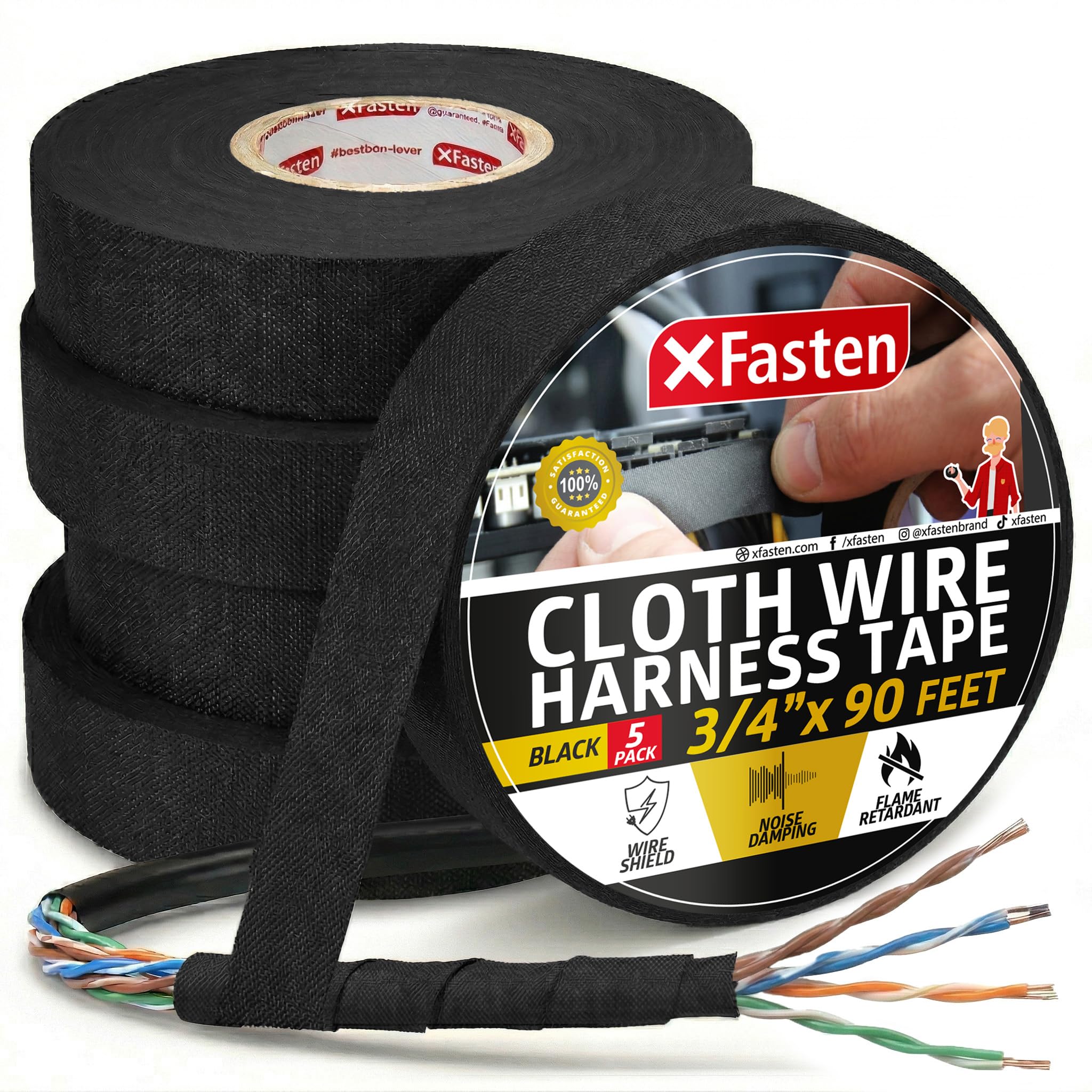 XFasten Black 3/4-Inch x 90-Feet (5-Pack) High-Heat Resistant Cloth Electrical Tape for Automotive Wire Loom