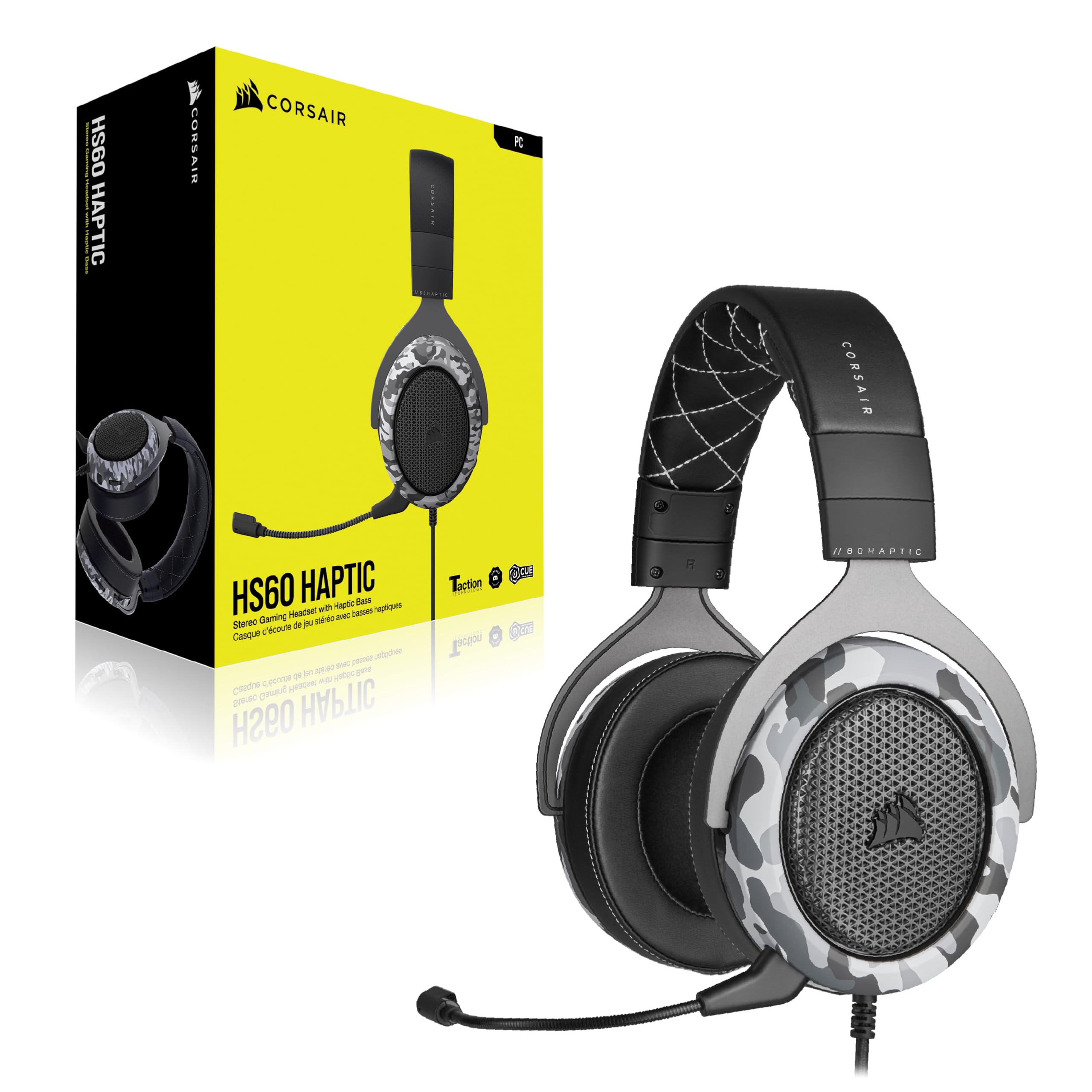 Corsair HS60 HAPTIC Casque Gaming Stéréo avec Basse Haptique (Basse Haptique Optimisée par Taction Technology, Oreillettes Rembourrées de Mousse à Mémoire, Microphone Amovible) Camo