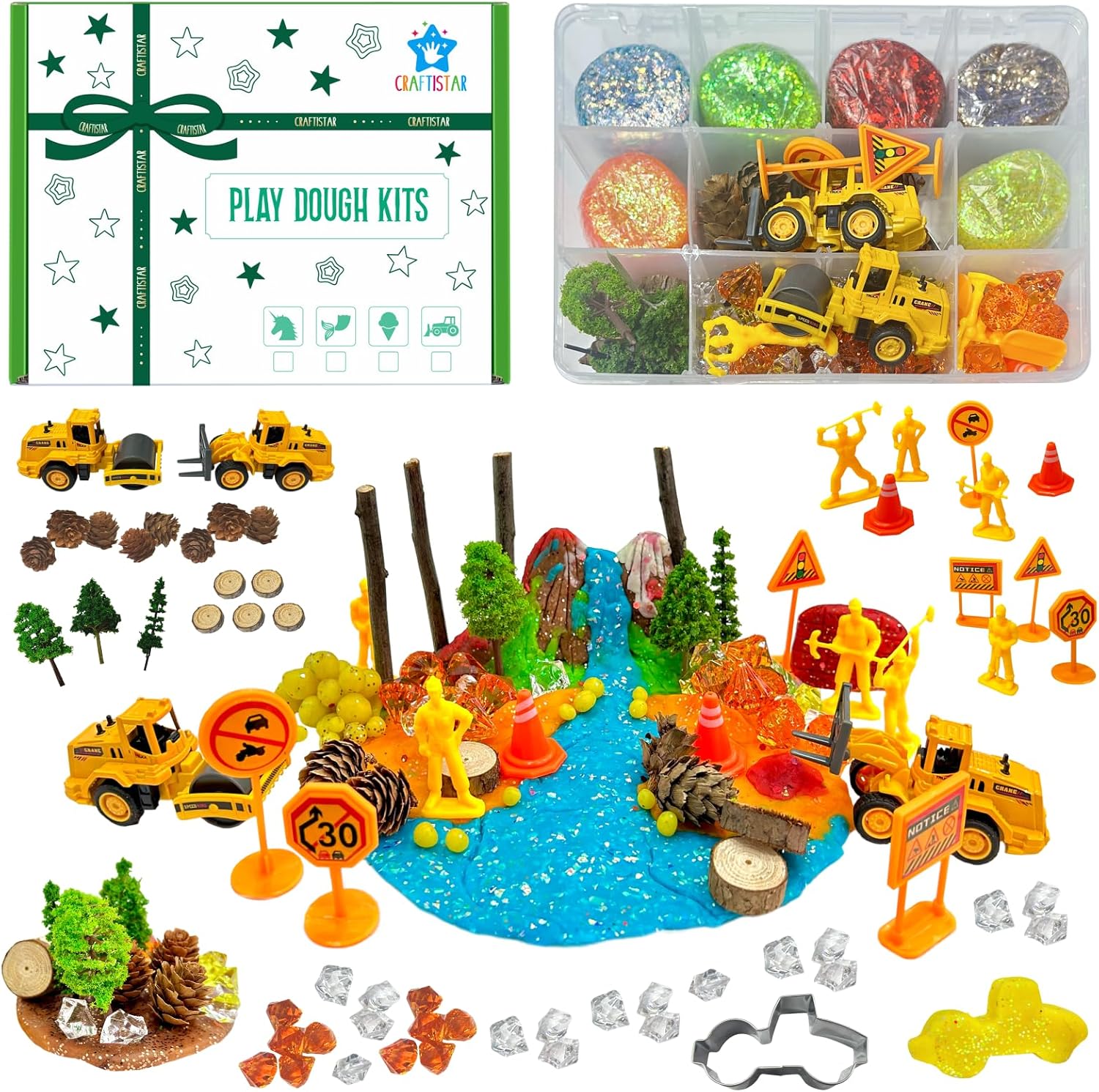 Construction Sensory Dough Kit – 18oz 6 PCS Glitter Dough with About 80pcs Accessories, Color Dough Set, Construction Play Color Clay Set, Sensory Kit for Kids with Toy Trucks, Cutter