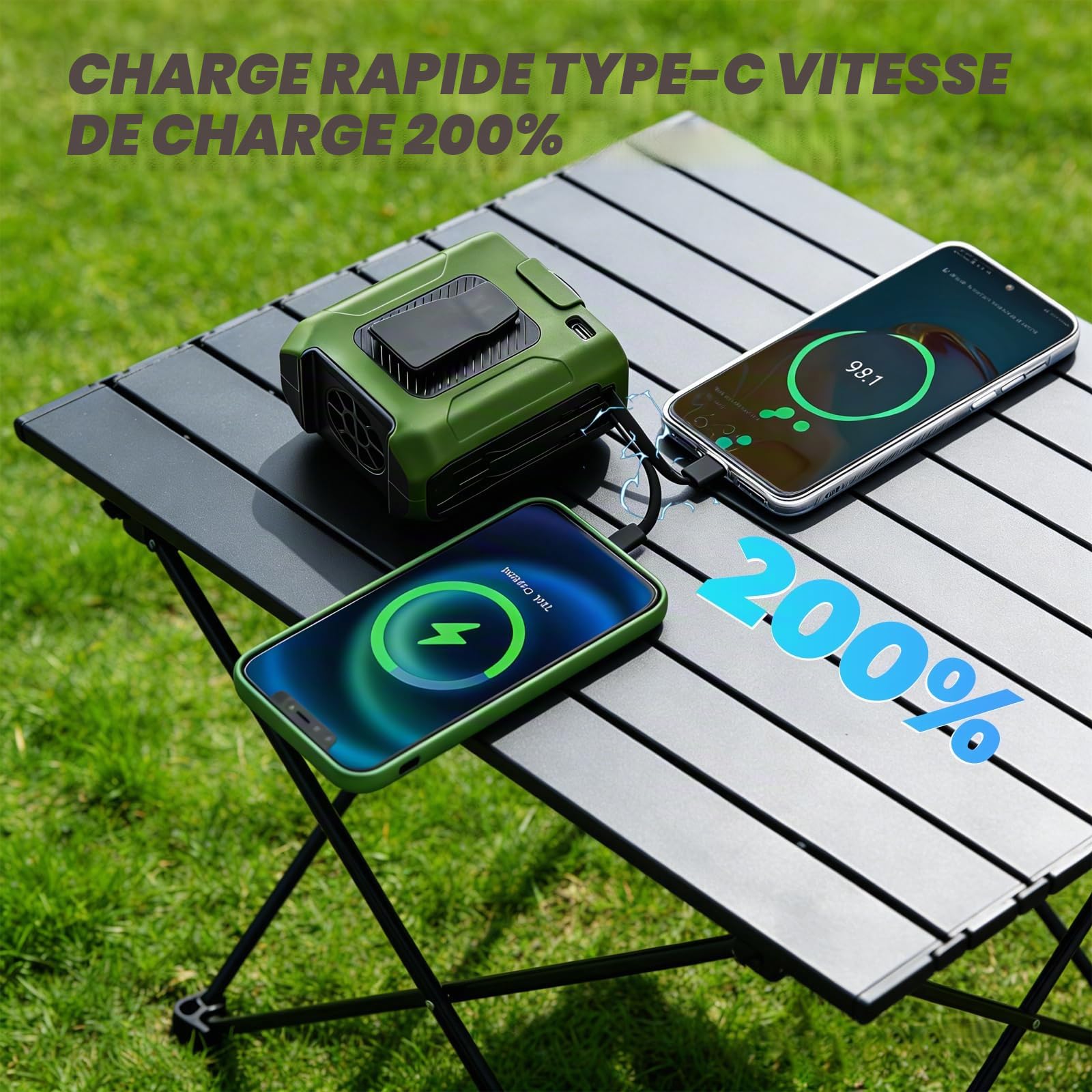 LONHEO Ventilateur 4 en 1 à clip de taille avec batterie externe de 10 000 mAh, 5 vitesses, rechargeable, ventilateur de ceinture portable pour l'extérieur, le camping, l'escalade