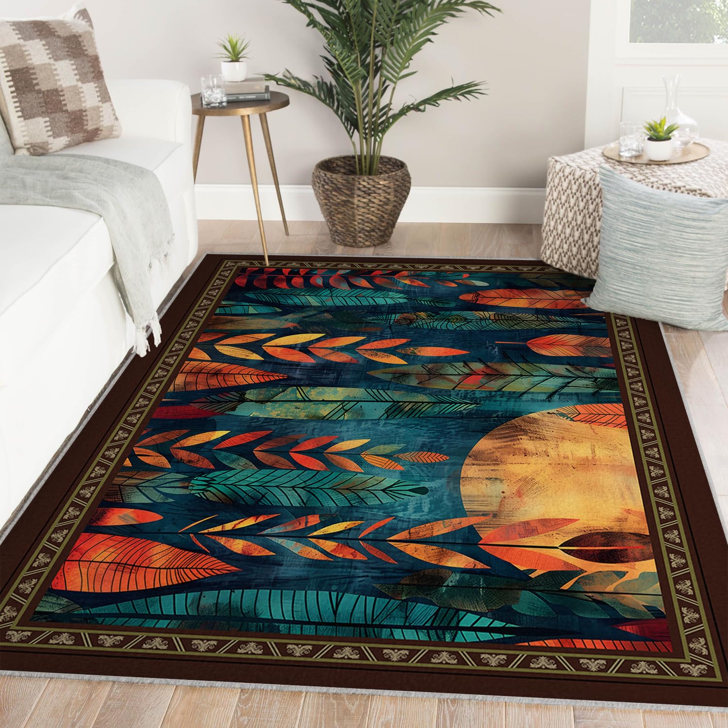 Nadający się do prania dywan 200 x 300 cm, do salonu, antypoślizgowy, z niskim runem, do sypialni, w kształcie liści tropikalnych, jadalni, pod stołem, abstrakcyjny styl boho, miękki, nie spadający