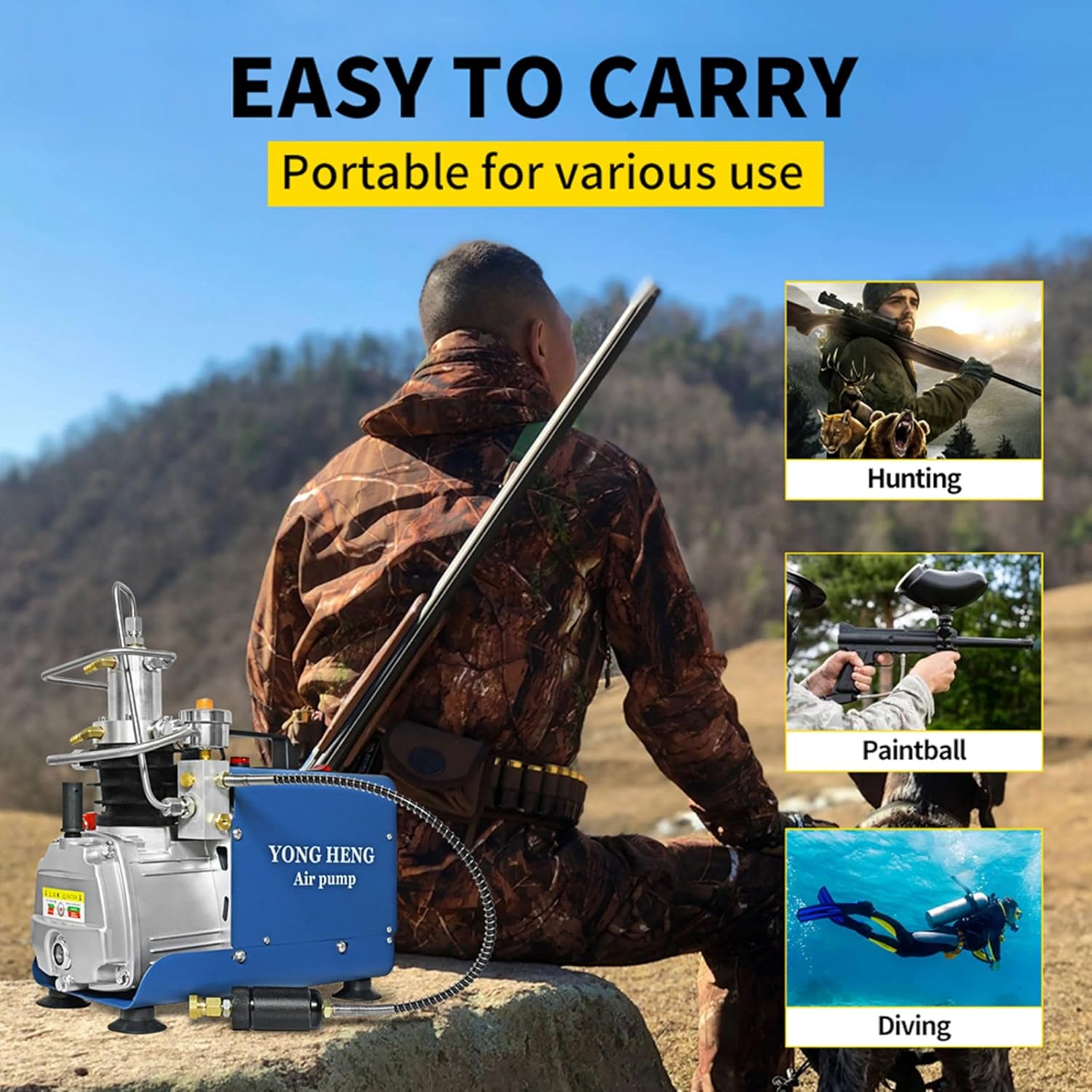 YONGHENG 4500Psi/300Bar Pcp Air Compressor, Auto-Shut Off Air Compressor Oil-Free, for Paintball Tank Pump Scuba Rifle, Filling Air Rifle Filling Blue