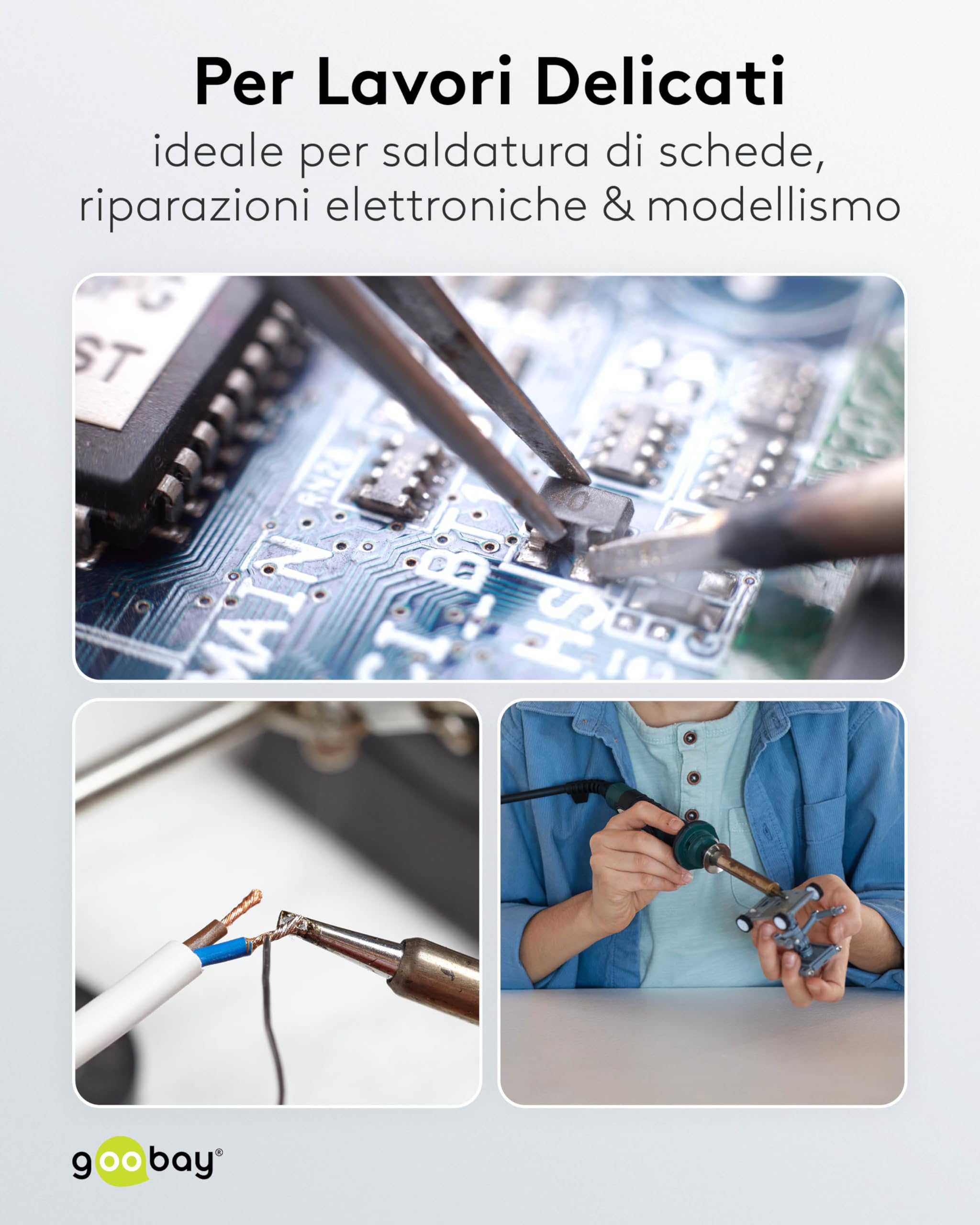 goobay Terza mano lente d'ingrandimento supporto saldatore ingrandimento 2,5x morsetti a coccodrillo flessibili base robusta