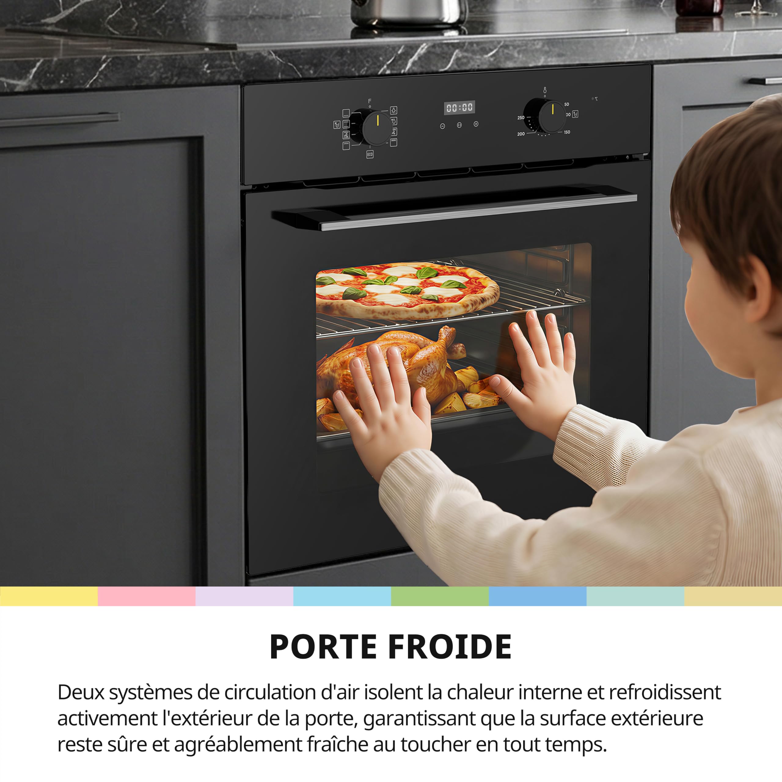 Comfee Electric Built-in Oven, 60 cm, 70 L, 3 kW, Rotating Heat, Grill, Pizza Function, AquaClean Steam Cleaning, LED Display with Timer, ECO Mode, Black [Energy Class A]