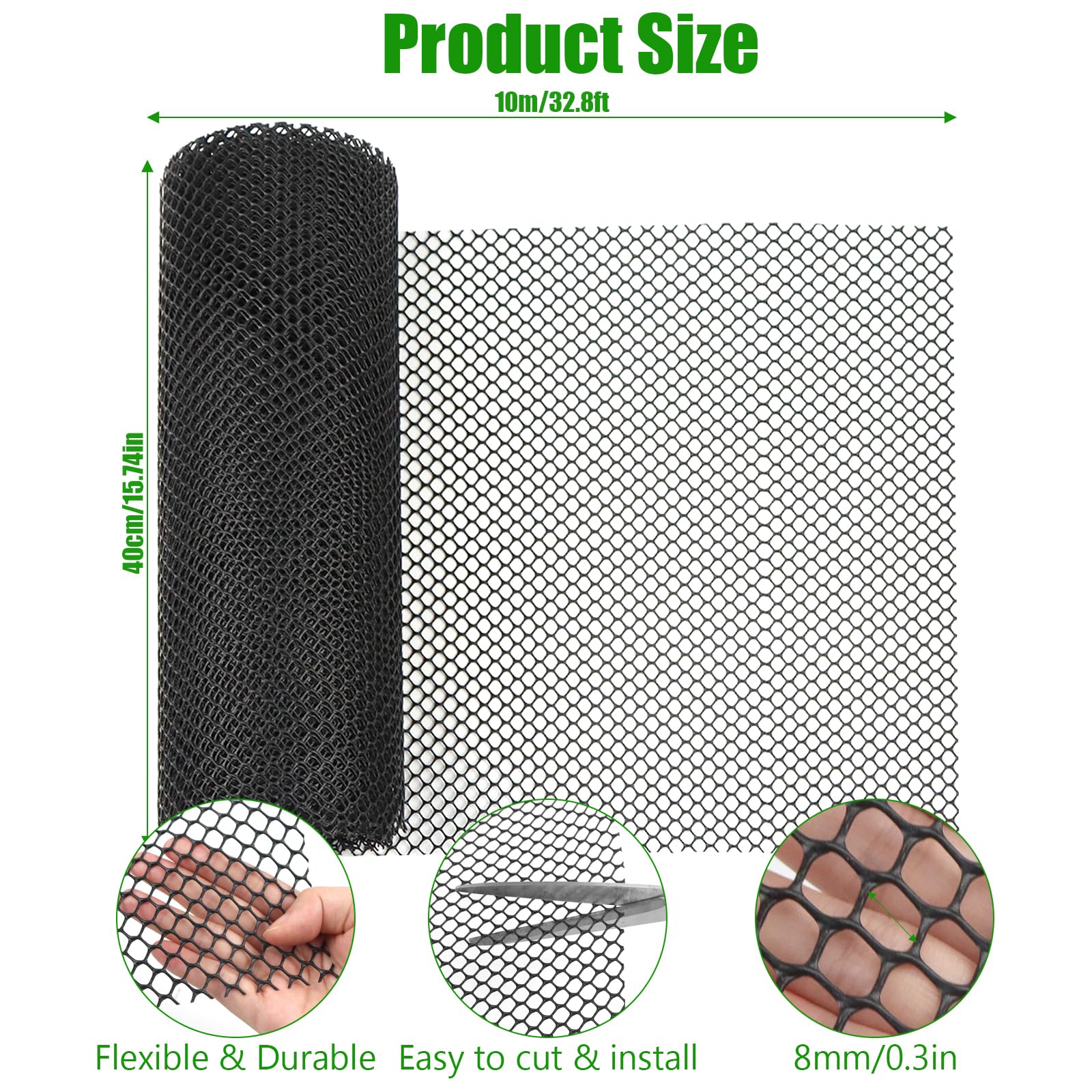 Rouleau de clôture en plastique noir – Rouleau de grillage en plastique de 8 mm pour clôture de jardin, clôture pour chien, clôture de balcon et clôture temporaire (40 cm x 10 m)