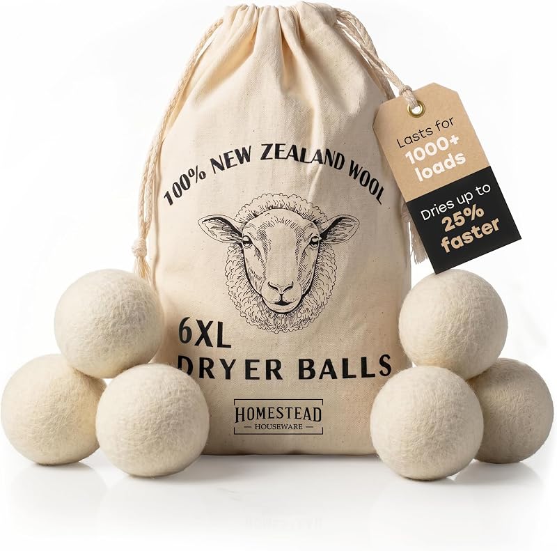 Bolas de lana XL para secadora, paquete de 6 – 100% lana de Nueva Zelanda, suavizante de tela natural y reductor estático, bolas de lavandería reutilizables para pelo de mascotas, alternativa ecológica a las hojas de secadora
