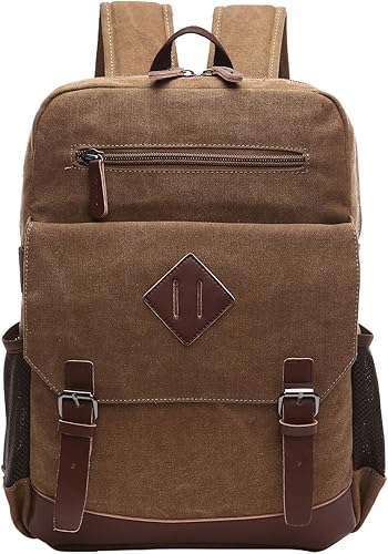Miniatura 8 de Mochila de lona vintage para hombres y mujeres, mochila casual de 15 pulgadas, mochila para laptop, viajes, senderismo, campamento (marrón)