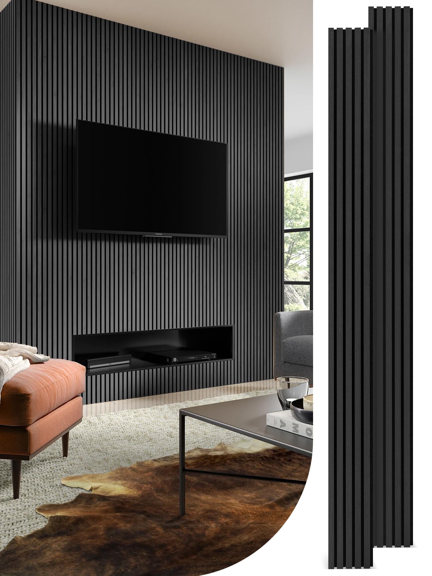 Wood Slat Wall Panels - Time-Saving Installation Soundproof Slat Panels on Any Wall Surface, 0.95 NRC Dual-Layer Acoustic Design, Commercial-Grade MDF Core (2 Pack, 108x8in, Black Oak)