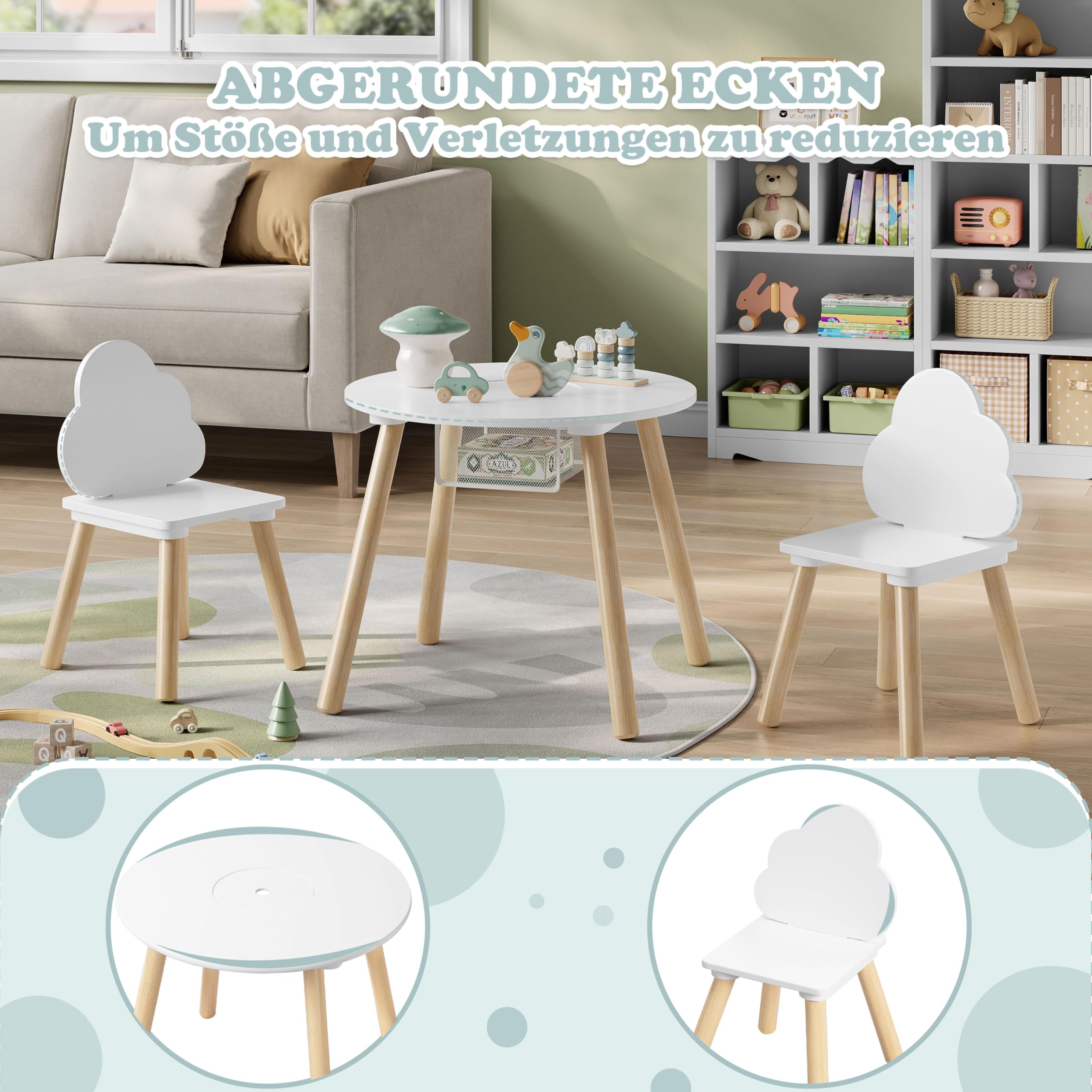 WOLTU Kindertisch mit 2 Stühlen, 3tlg. Kindersitzgruppe, Kinder Tisch Stuhl Set mit Stauraum Netztasche, Kinderstuhl mit Wolken-Rückenlehne, für klein Kinder Vorschüler