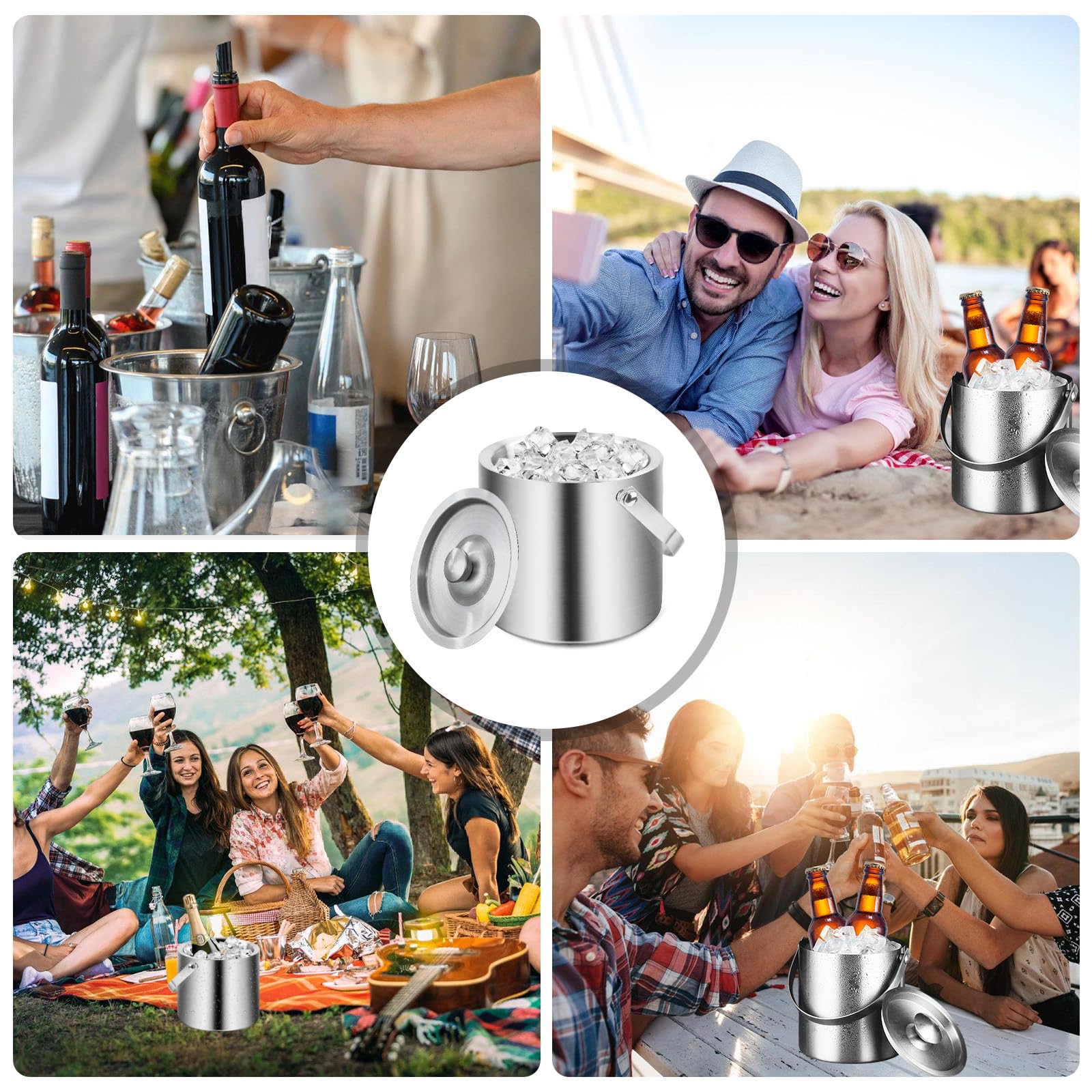 Seau à glaçons Isotherme 3L, Seau a glacon Isotherme en Acier Inoxydable Double paroi, Seau à Champagne avec Pince et Pelle, Seau glacon pour Bar fête Maison