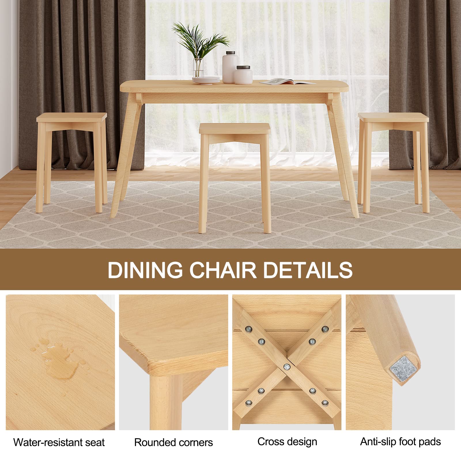 WOLTU Tabouret en Bois Massif, Chaise de Cuisine et Salle à Manger, Siège Carré Rectangulaire, Hauteur 44,5cm, BH344ei-2