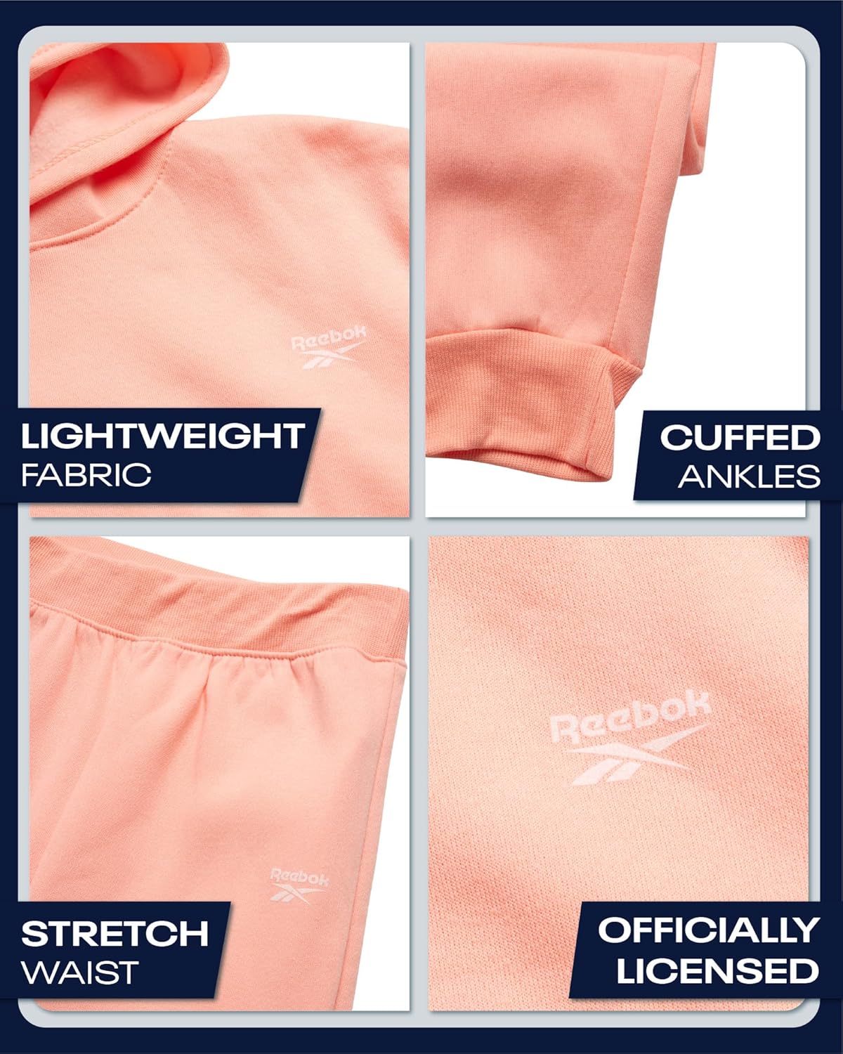 Reebok Girls Sweatsuit Set - 2 Piece Soft Long Sleeve Hoodie Sweatshirt and Sweatpants for Girls - Athletic Sweatsuit, Size 7, Peach - Image 3