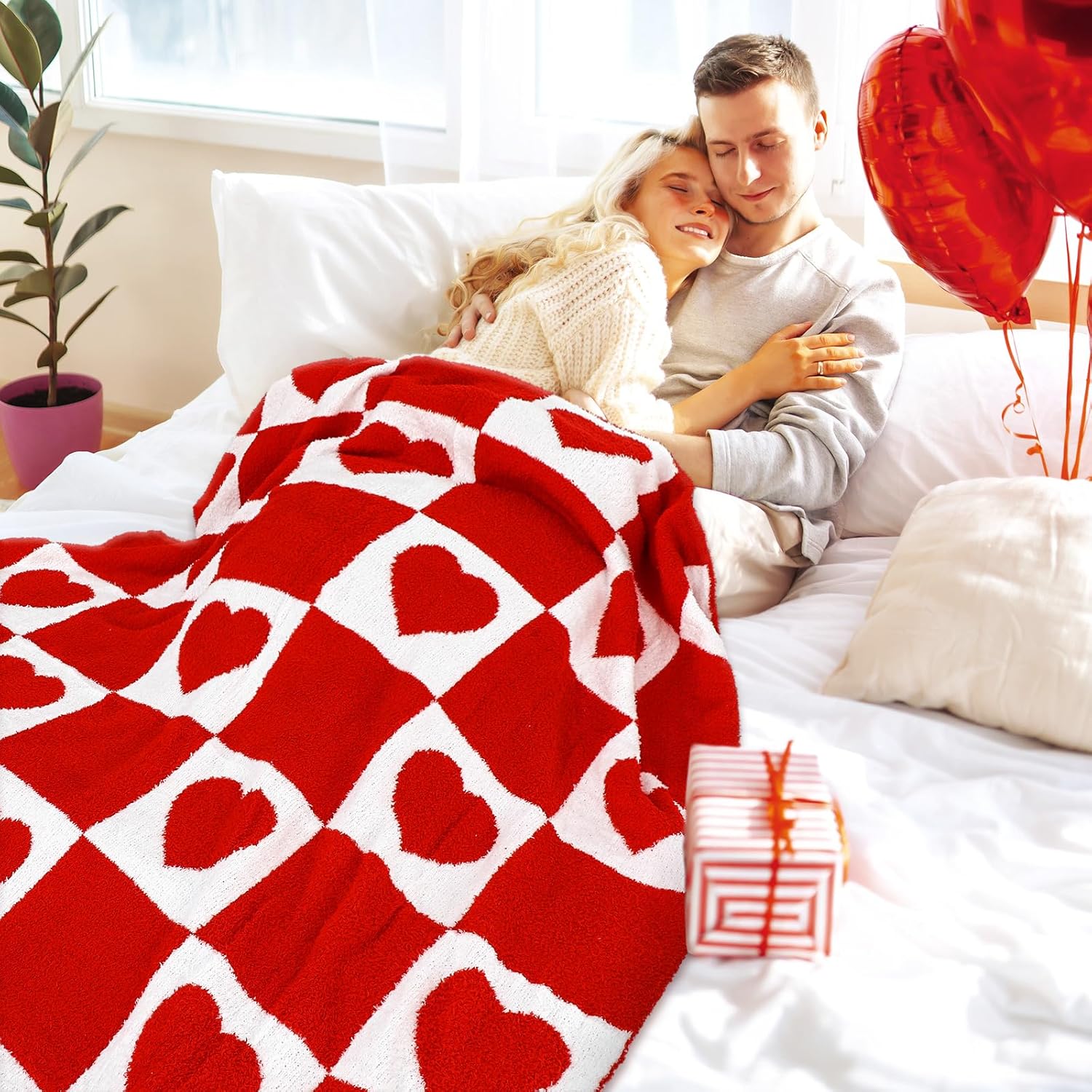 JarThenaAMCS Valentine's Day Knit Throw Blanket 50 x 60 Inch Reversible Pink Red White Checkered Love Heart Plush Flannel Blankets Gift for Wife Women Couch Sofa Bed Decor - Image 4