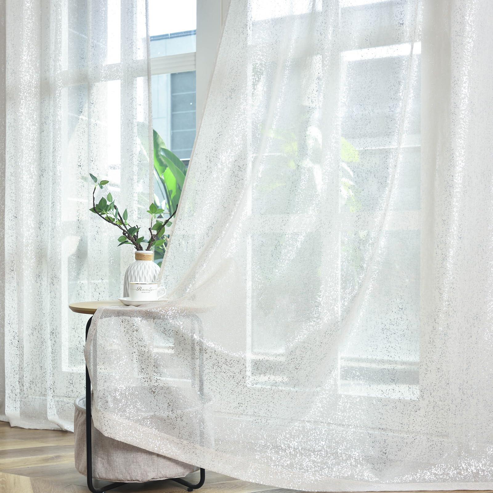 TERLYTEX Taupe Sheer Curtains with Silver Foil Dots, 2 Panels W52 x L84 Inches — image 1