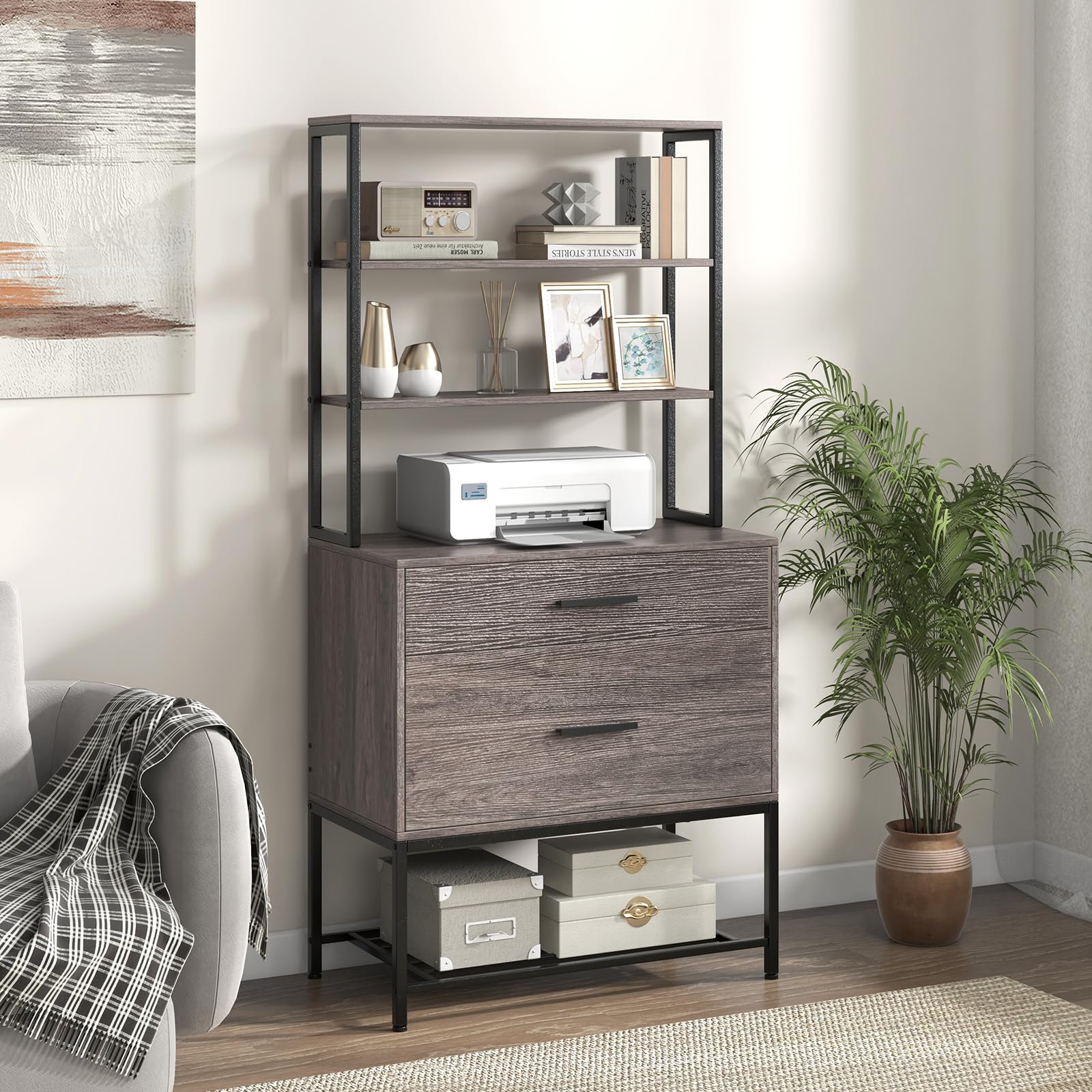 RELAX4LIFE Scaffale Libreria a 5 Livelli, Suppoto per Stampante, Mobile Portadocumenti Schedario da Ufficio, Armadietto Multifunzionale per Soggiorno, Studio, Camere da Letto (GRIGIO)